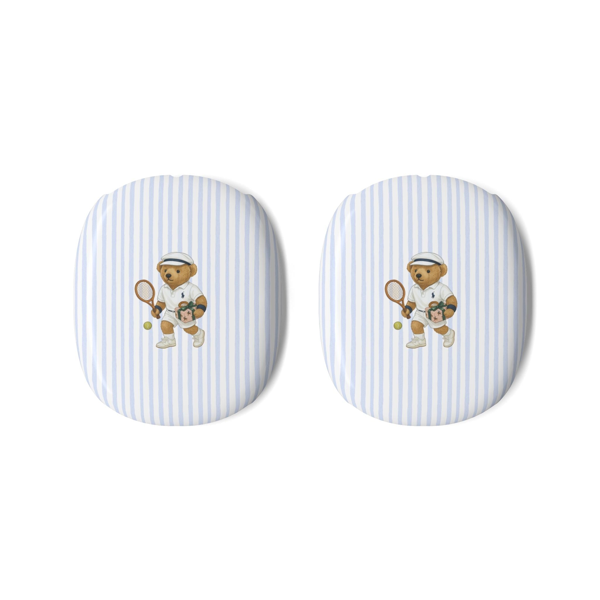 Pair of round earcup covers in light blue vertical stripes with teddy bear graphic