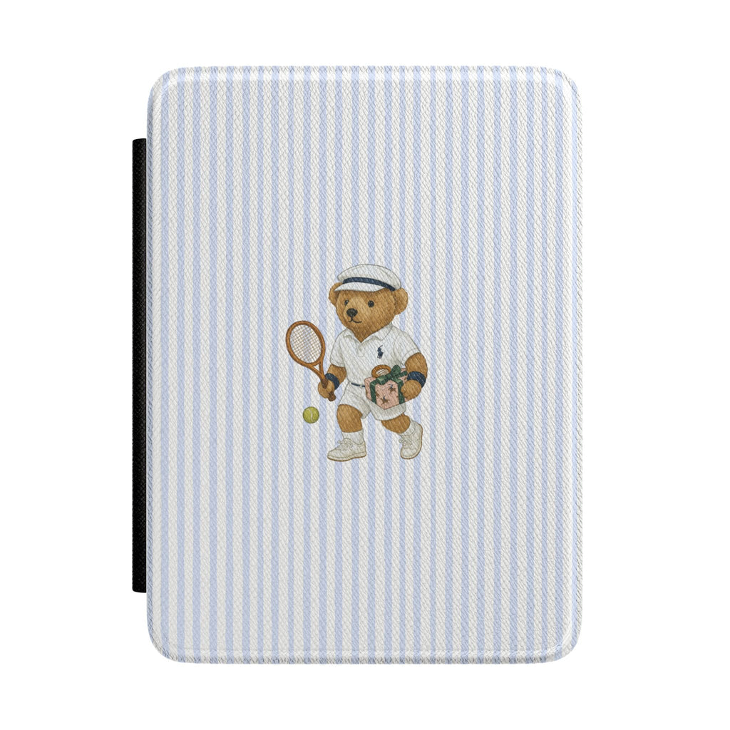 Hardcover Kindle case with light blue striped fabric and teddy bear tennis graphic