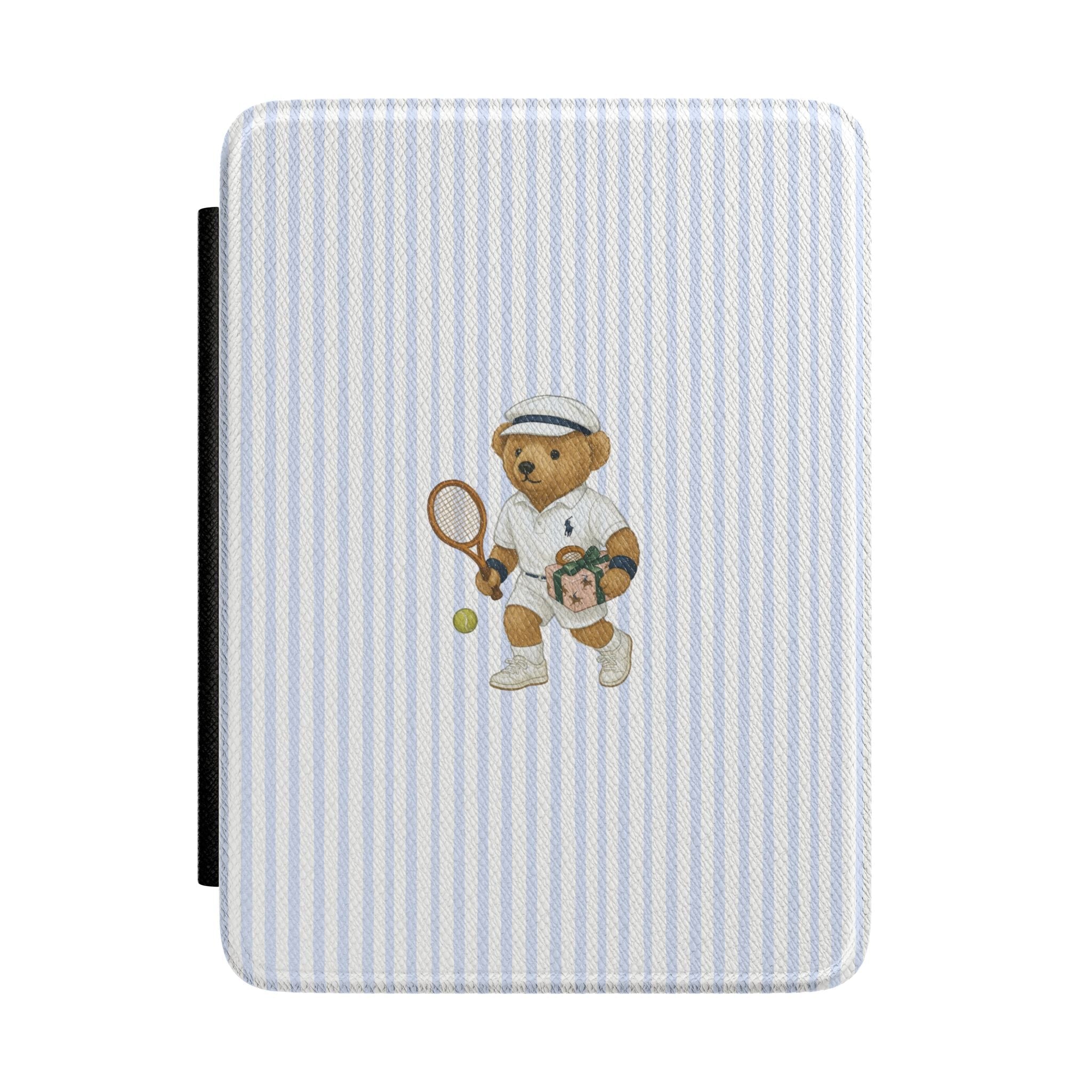 Blue striped hardcover Kindle case with teddy bear tennis player graphic