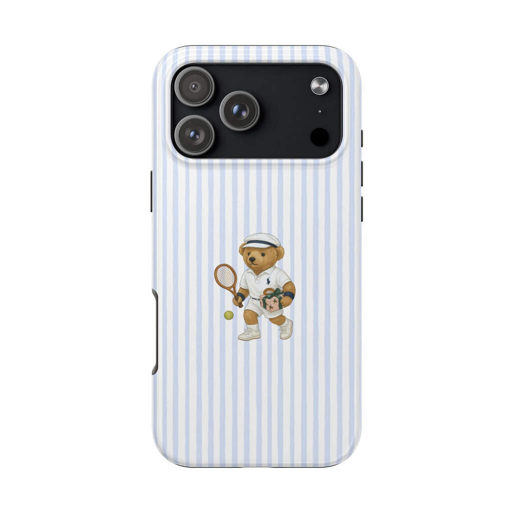 Blue-and-white striped phone case with tennis teddy bear graphic, camera cutouts