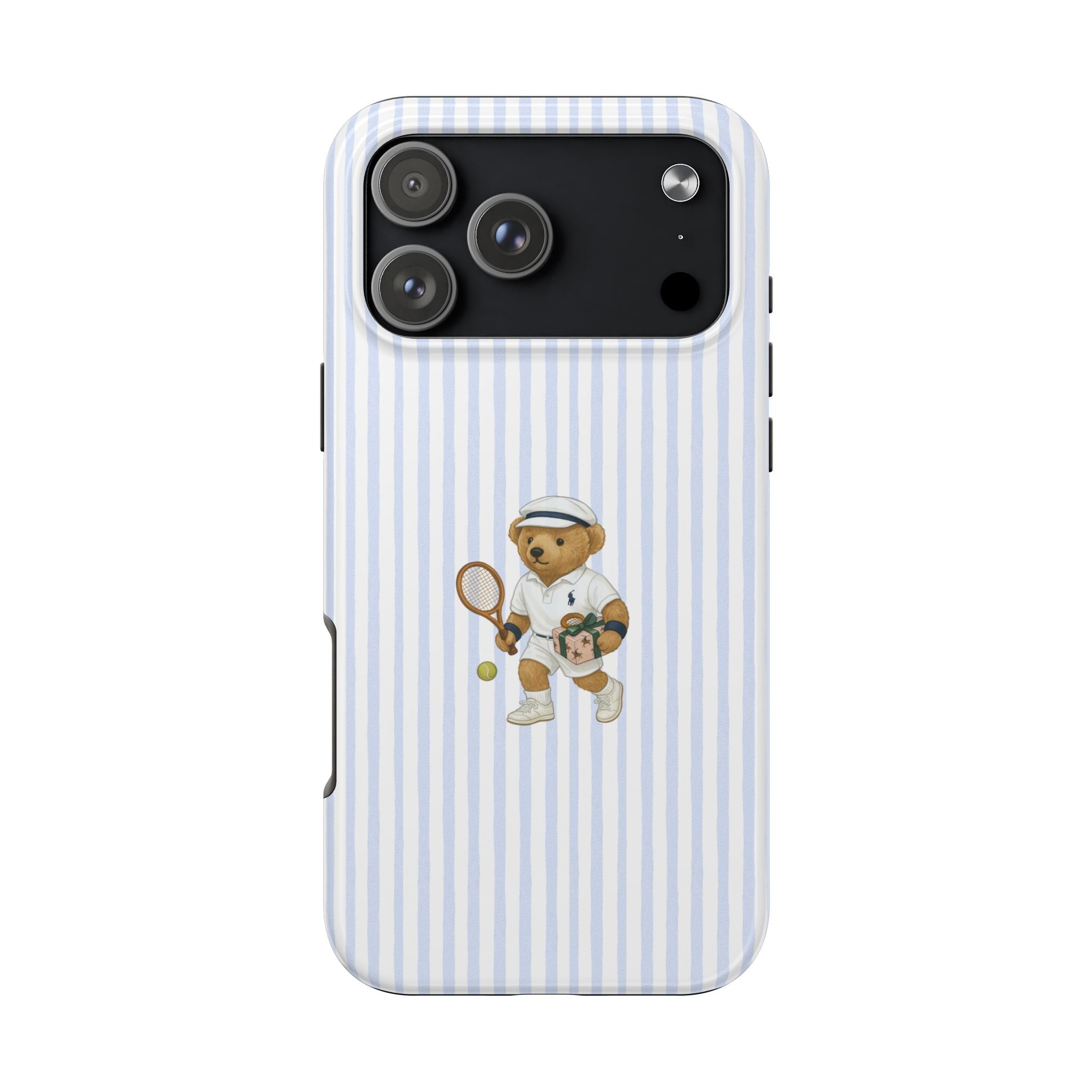 Blue-and-white striped phone case with tennis teddy bear graphic, camera cutouts