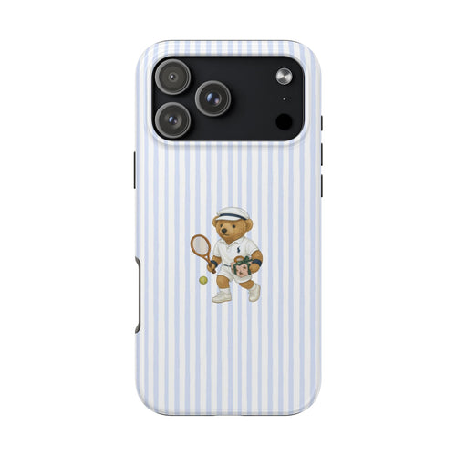 Blue-and-white striped phone case with tennis teddy bear graphic, camera cutouts