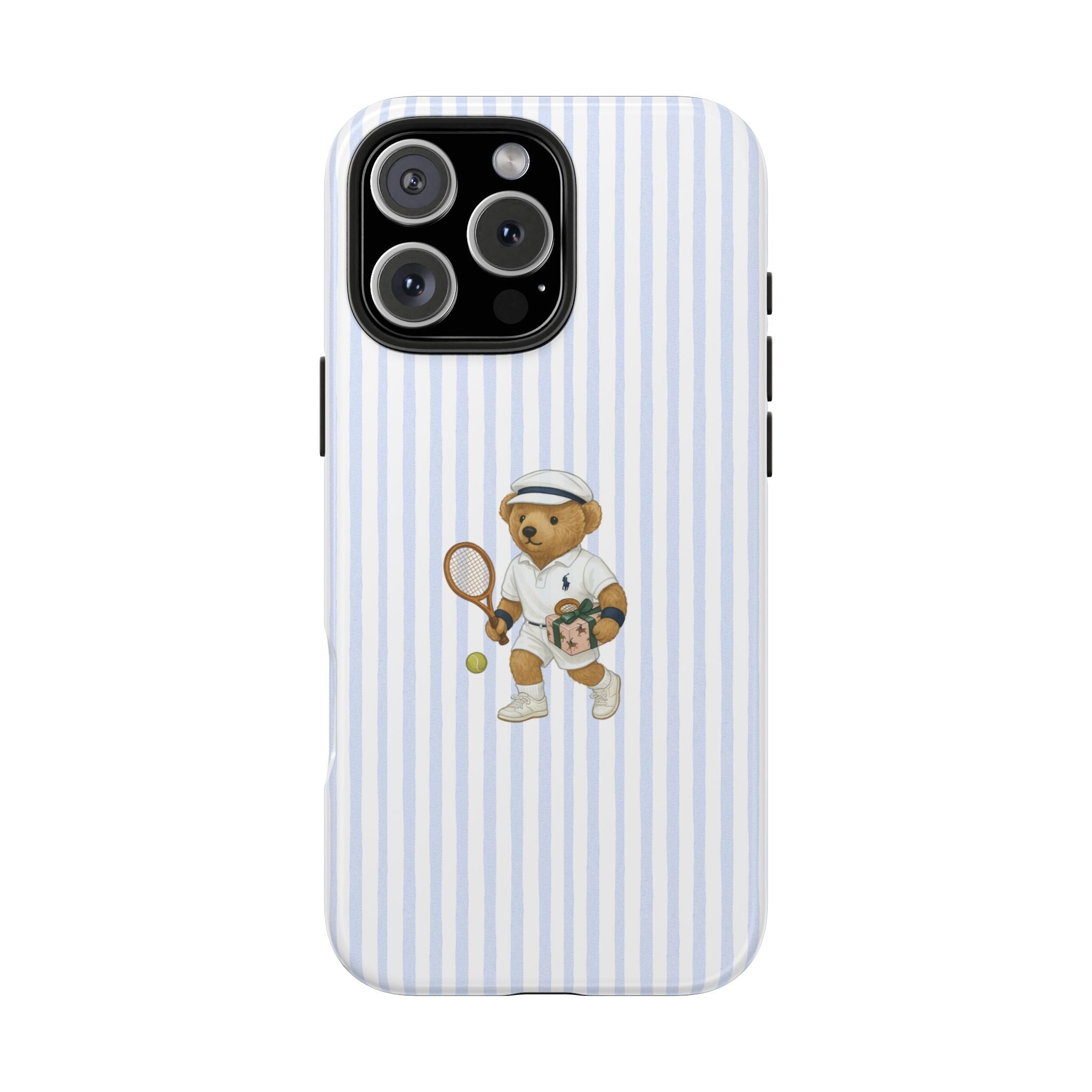 Blue-and-white striped phone case with teddy bear holding a tennis racket, rear