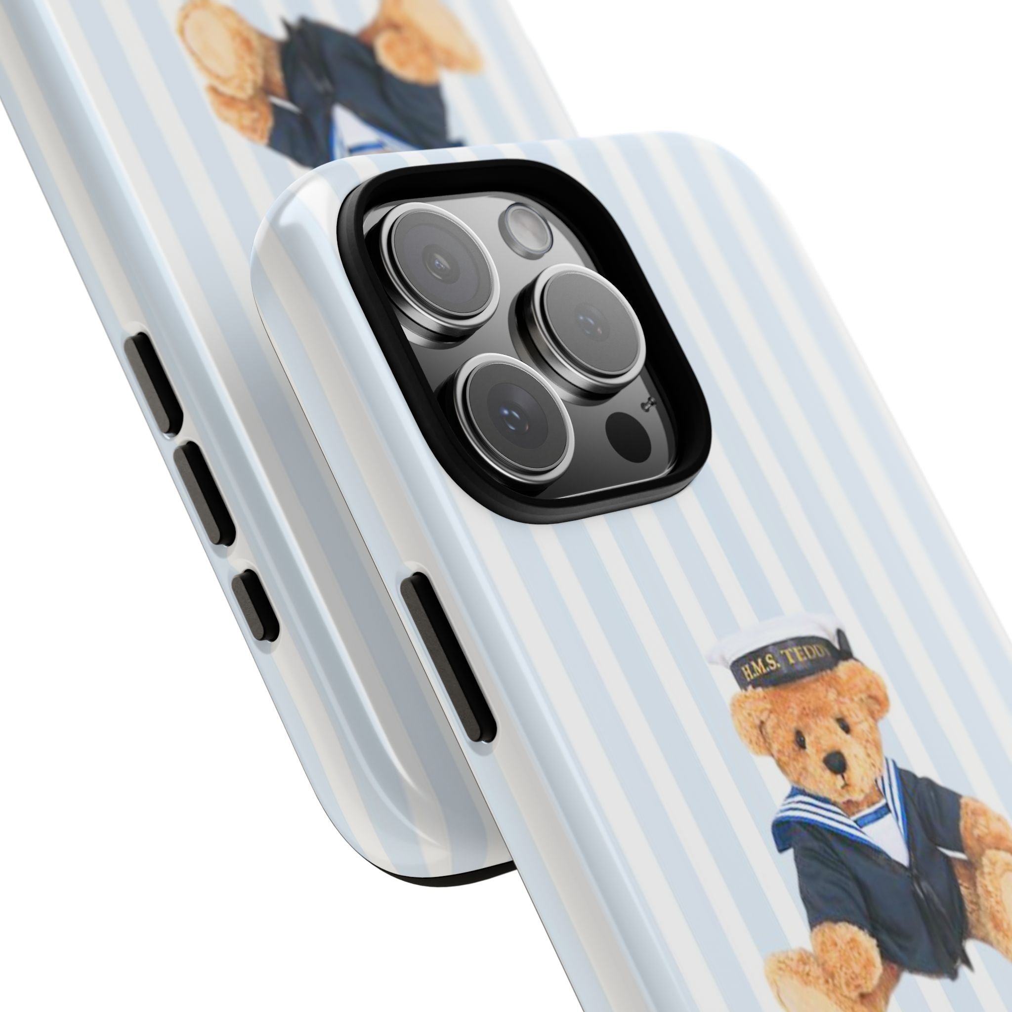 Blue-and-white striped phone case corner with teddy captain sailor graphic and cameras