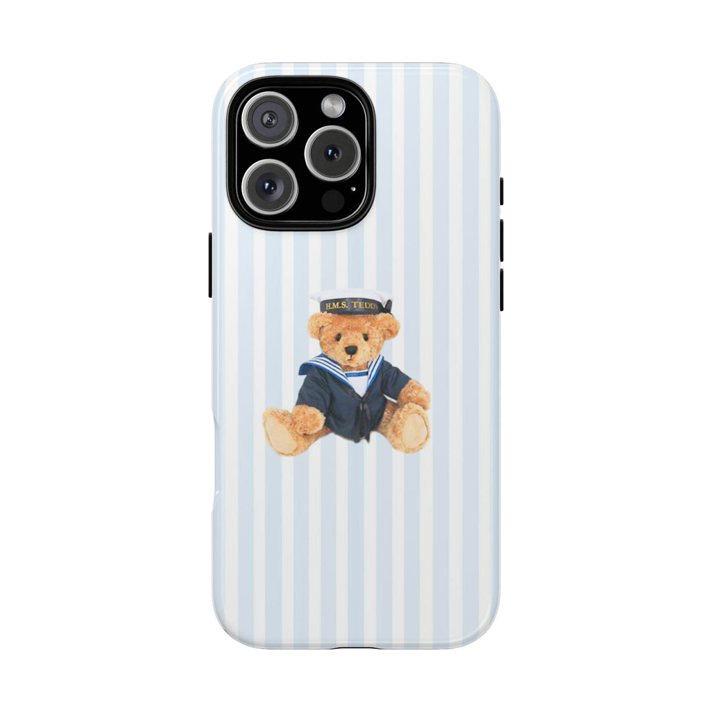 Blue-and-white striped phone case with teddy bear sailor captain illustration