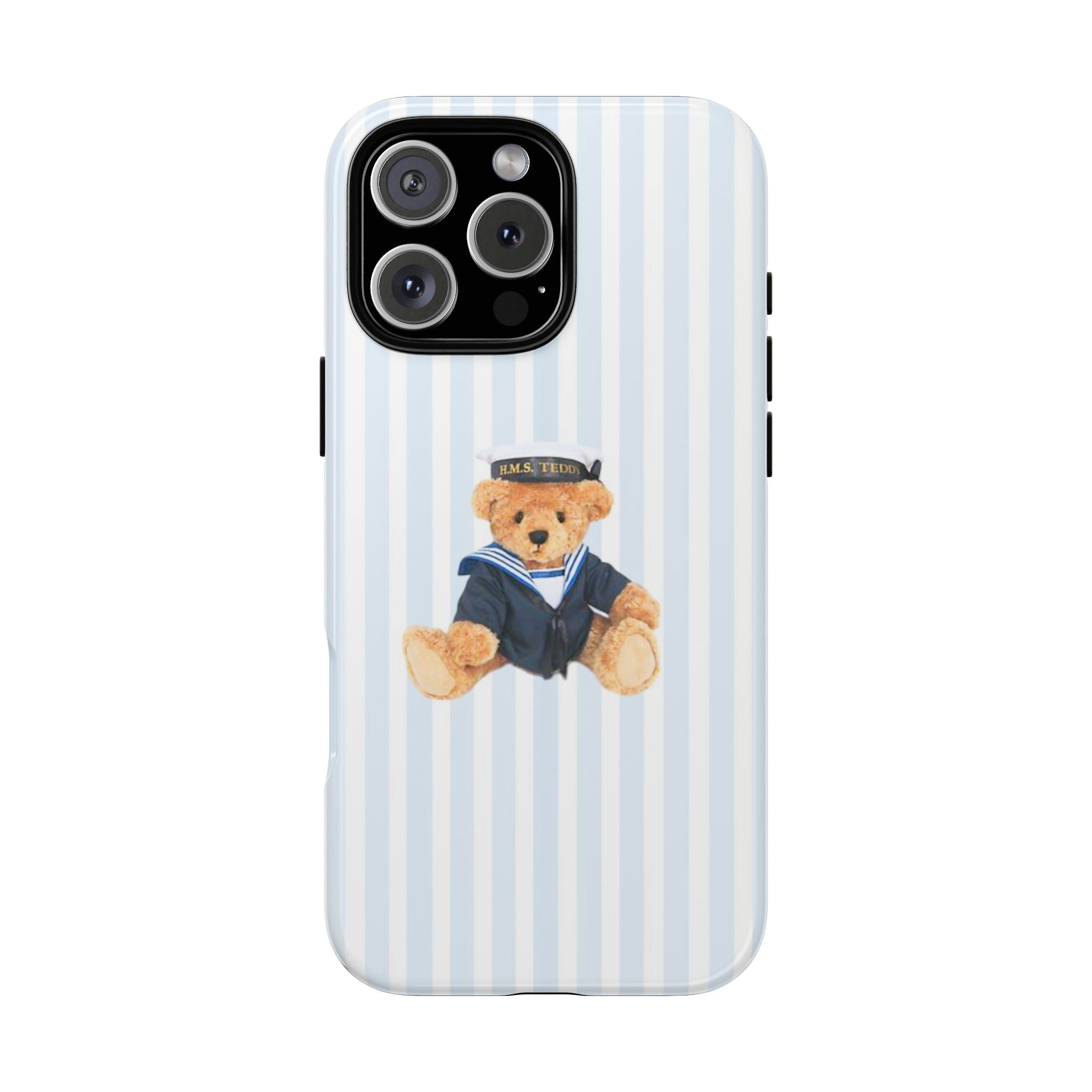 Blue-and-white striped phone case with teddy bear sailor captain illustration