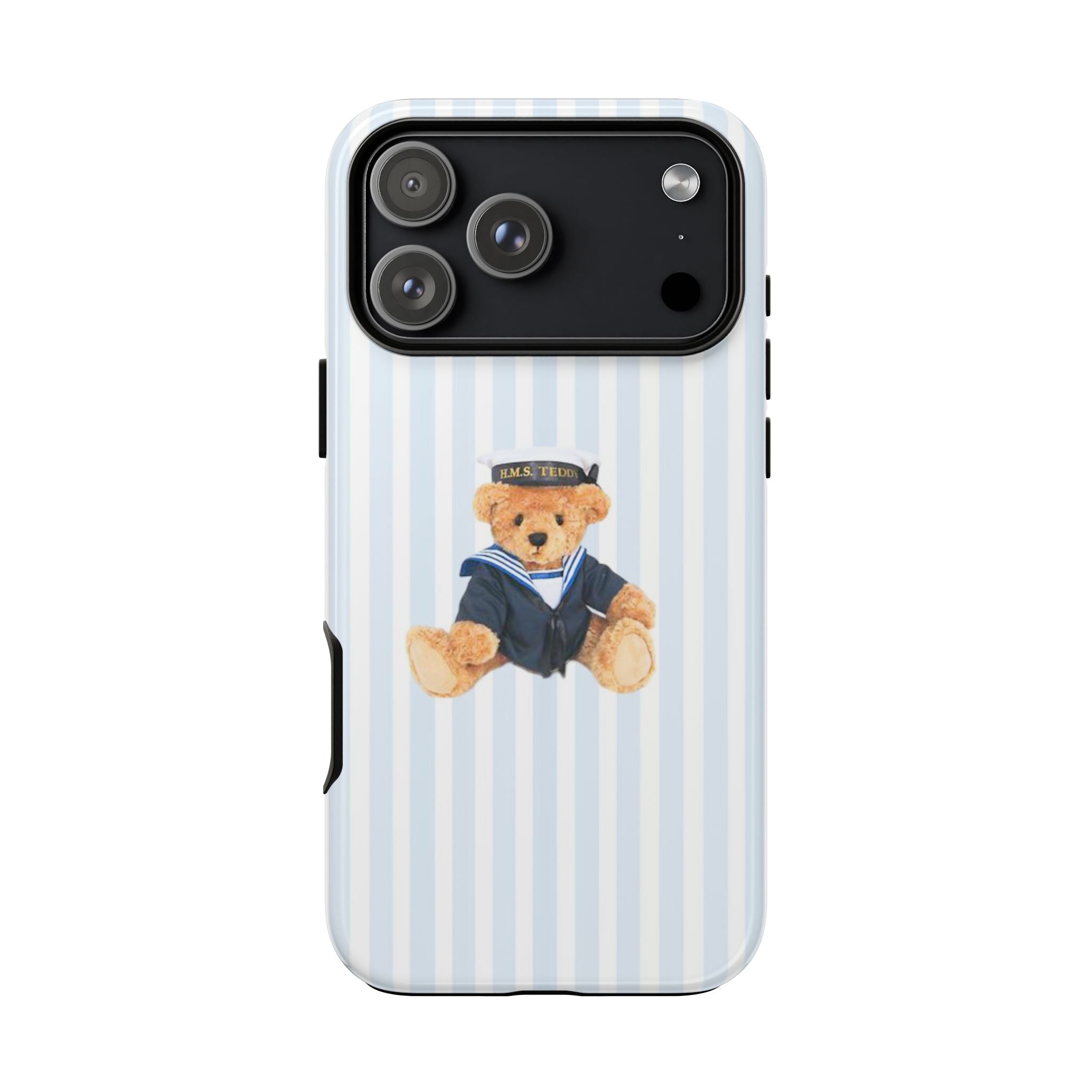 Blue-and-white striped phone case with teddy bear captain sailor under rear cameras
