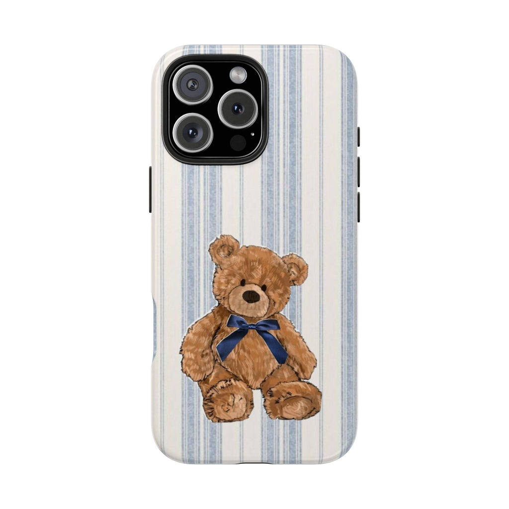 Blue striped phone case, full teddy bear with navy ribbon bow