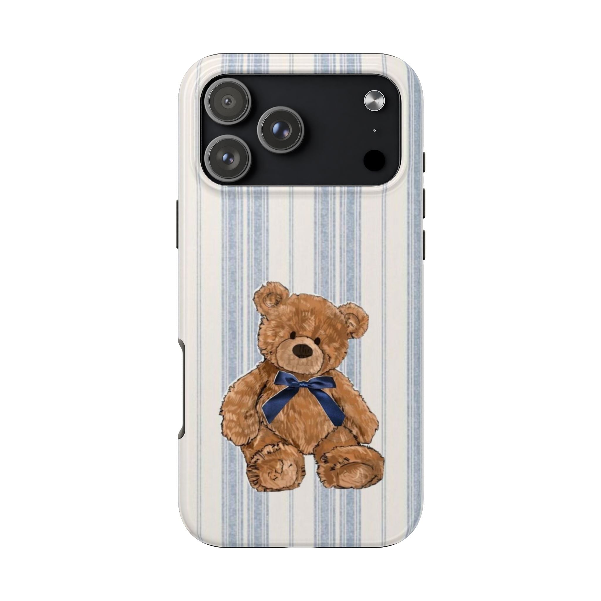 Blue striped phone case with brown teddy bear and phone camera cutouts