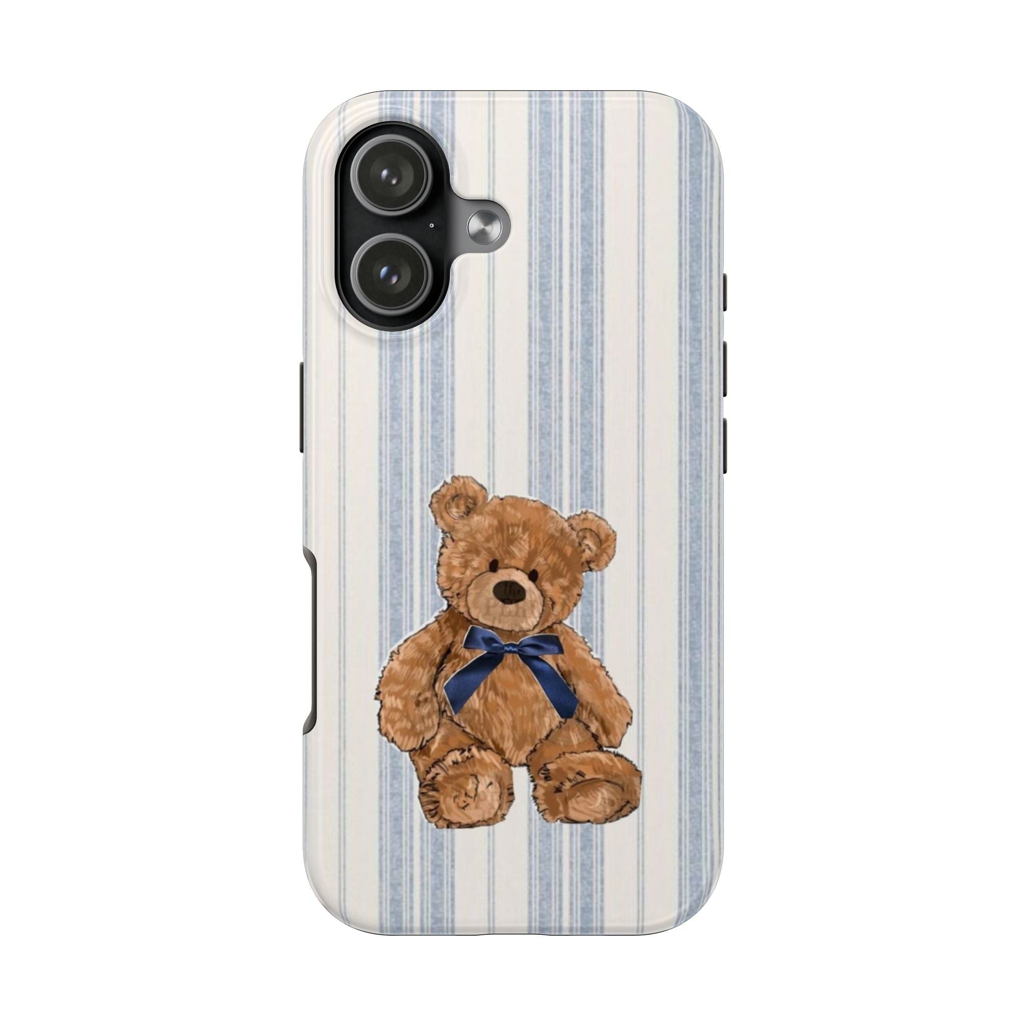 Blue striped phone case with brown teddy bear and navy bow
