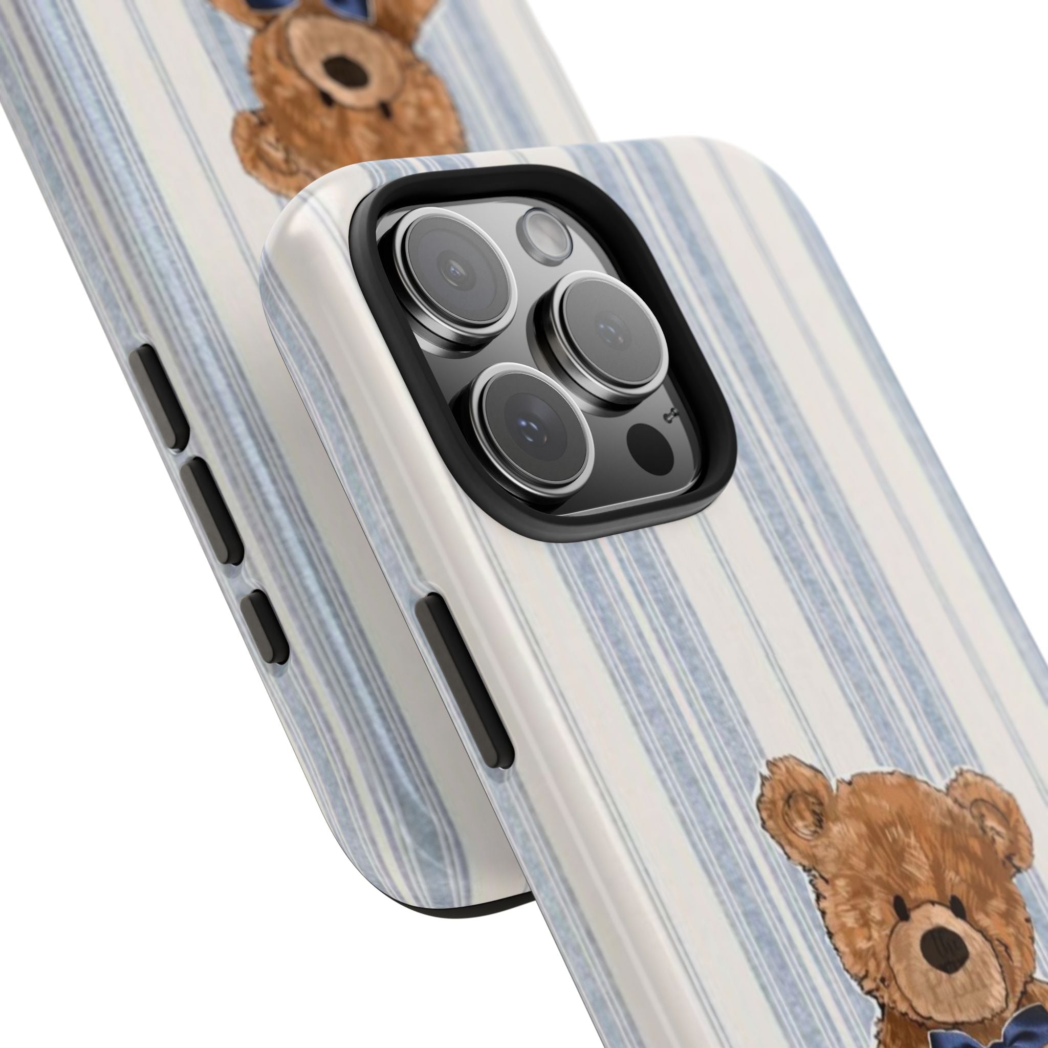 Blue striped phone case angled view, teddy bear face and camera lenses