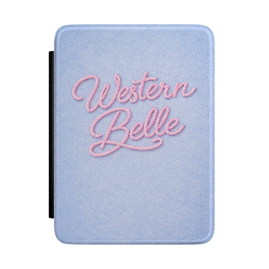Blue hardcover Kindle case with pink “Western Belle” script on the front