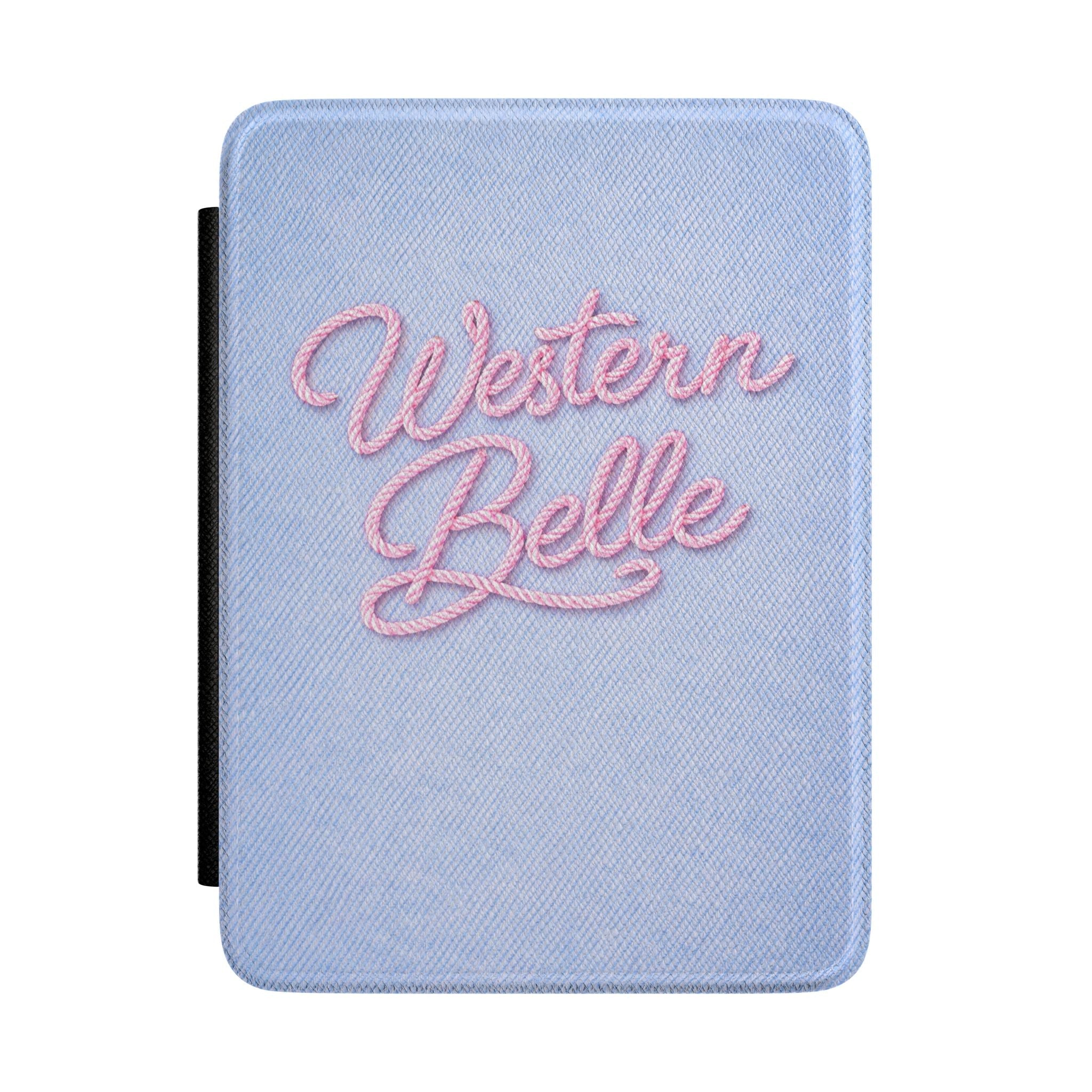 Blue hardcover Kindle case with pink “Western Belle” script on the front