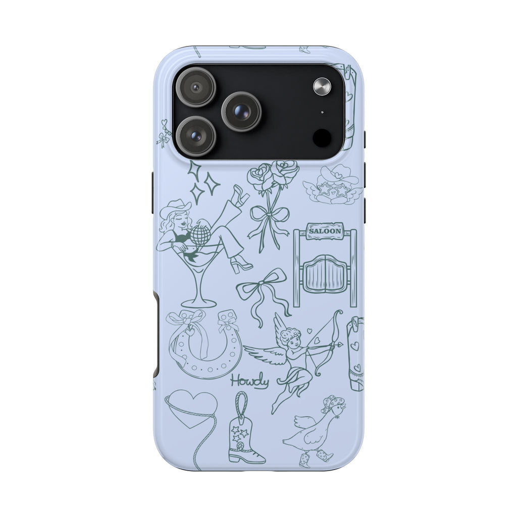 Blue western cowgirl phone case with line-art boots, saloon sign, and heart pattern