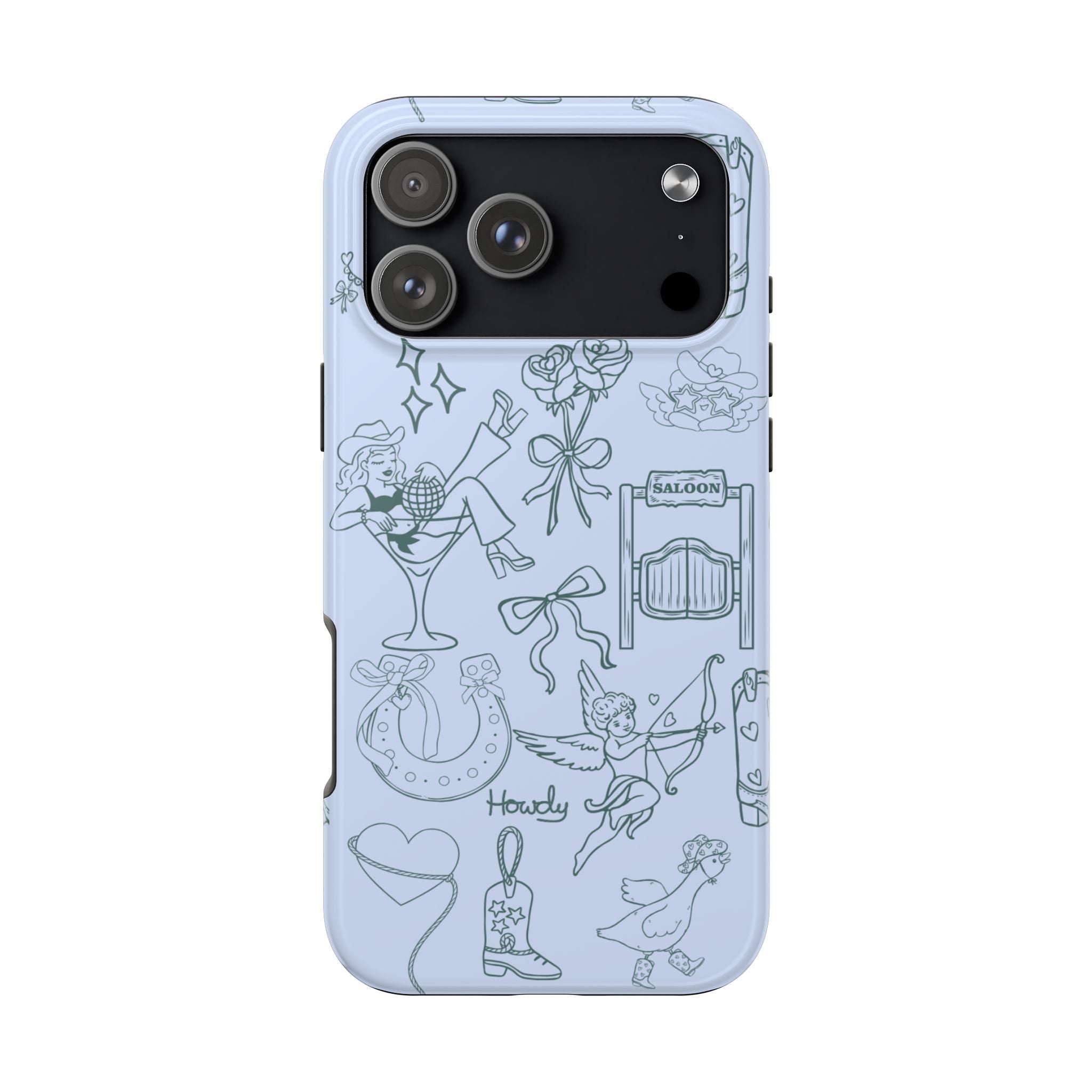 Blue western cowgirl phone case with line-art boots, saloon sign, and heart pattern