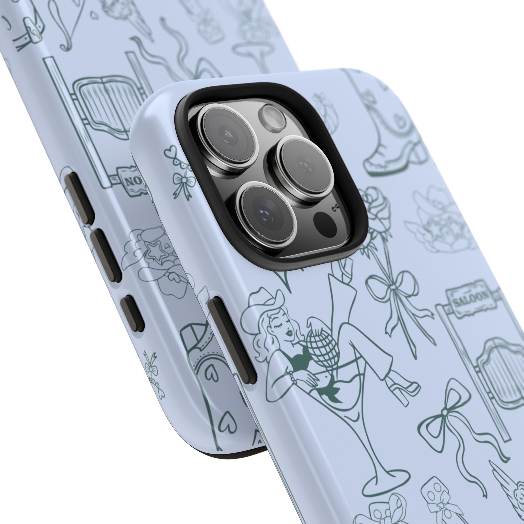 Blue cowgirl phone case close-up showing camera cutout and side button openings
