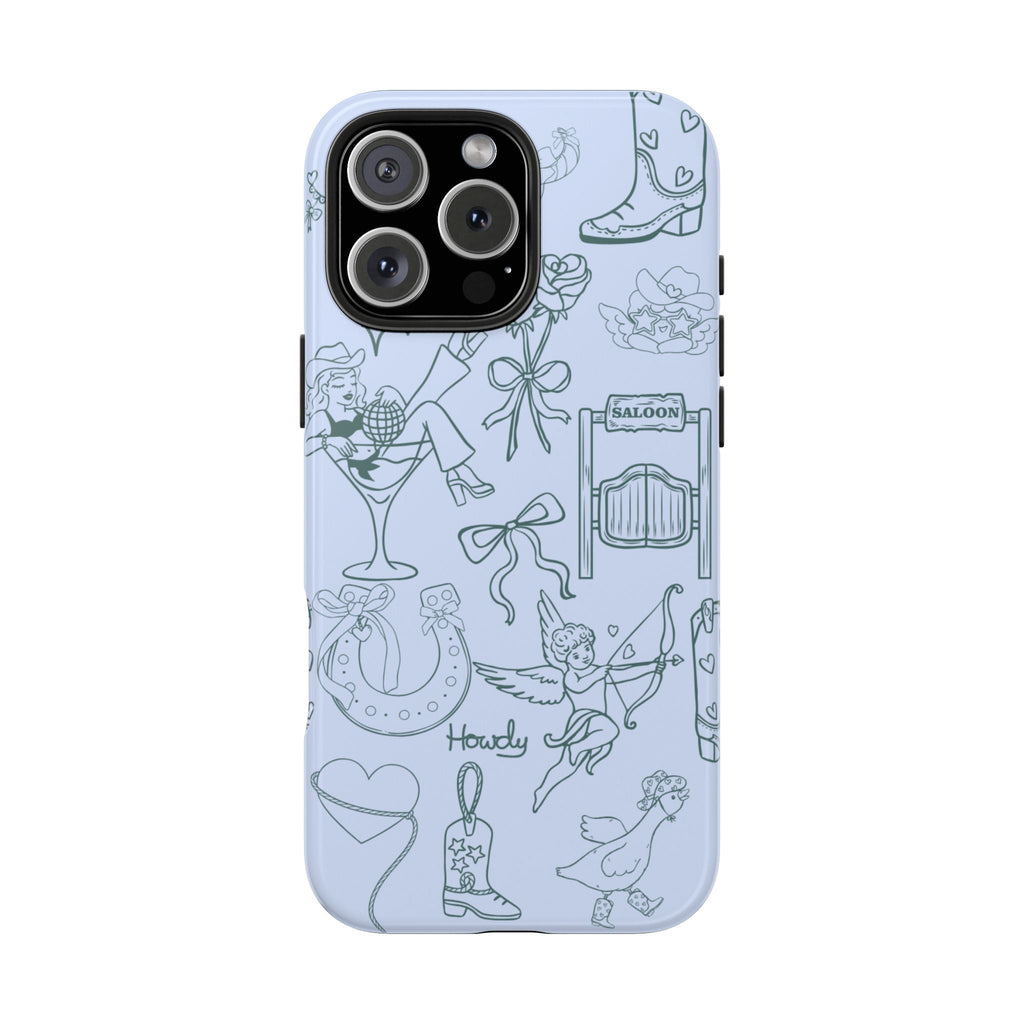 Blue western cowgirl phone case, full back view with cowgirl, flowers, and saloon sign