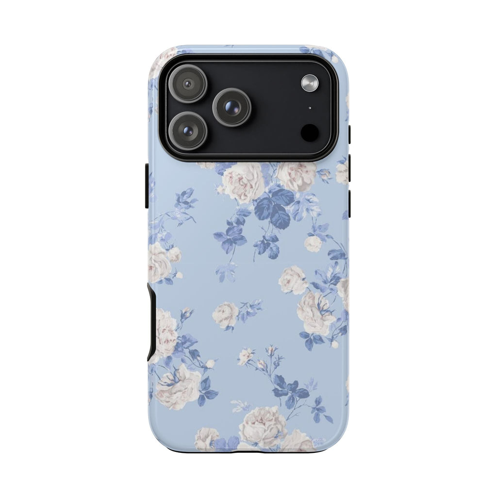 Blue orchid floral phone case with camera cutout, light blue back