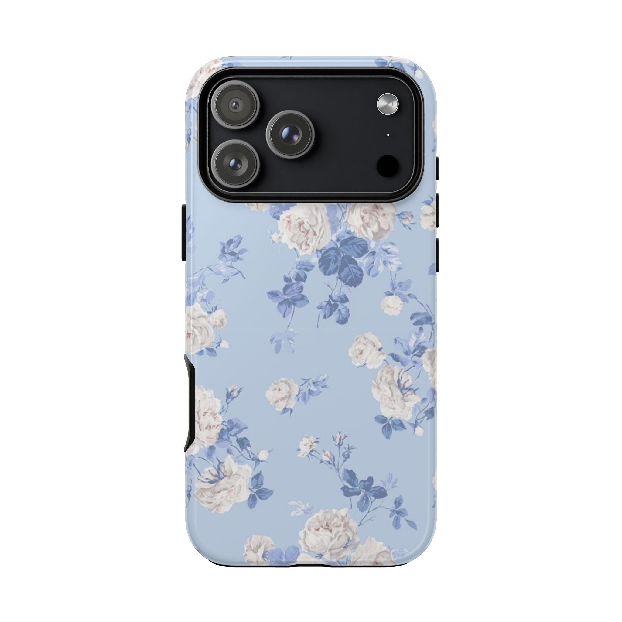 Blue orchid floral phone case with camera cutout, light blue back