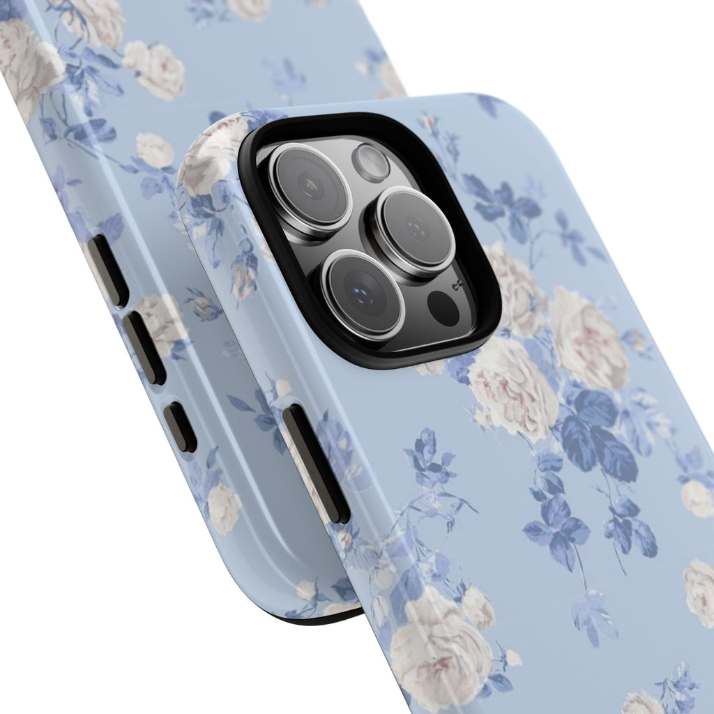 Light blue orchid floral phone case with side buttons and camera lenses