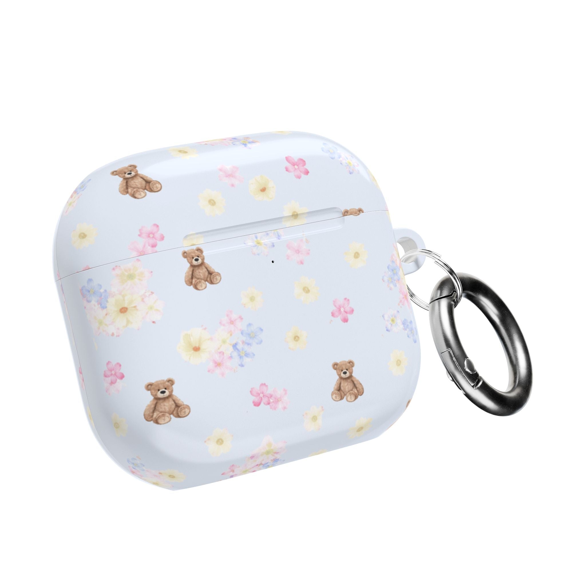 Light blue AirPod case with floral bear print, closed, with metal keyring.