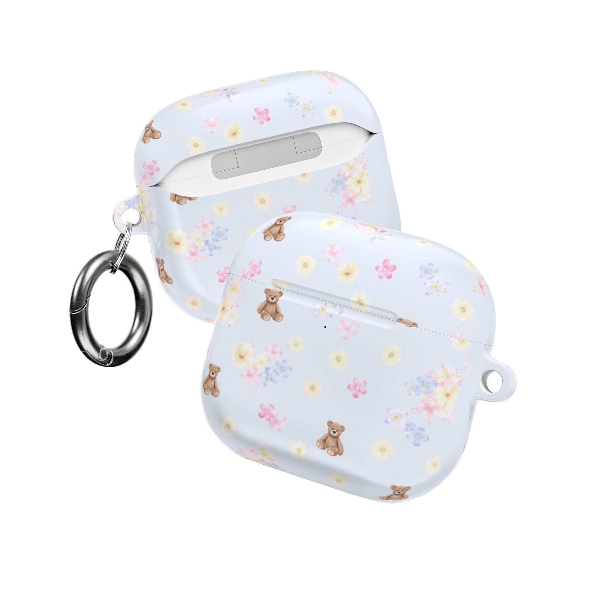 Light blue AirPod case with floral bear print, closed, with metal keyring and side hole.
