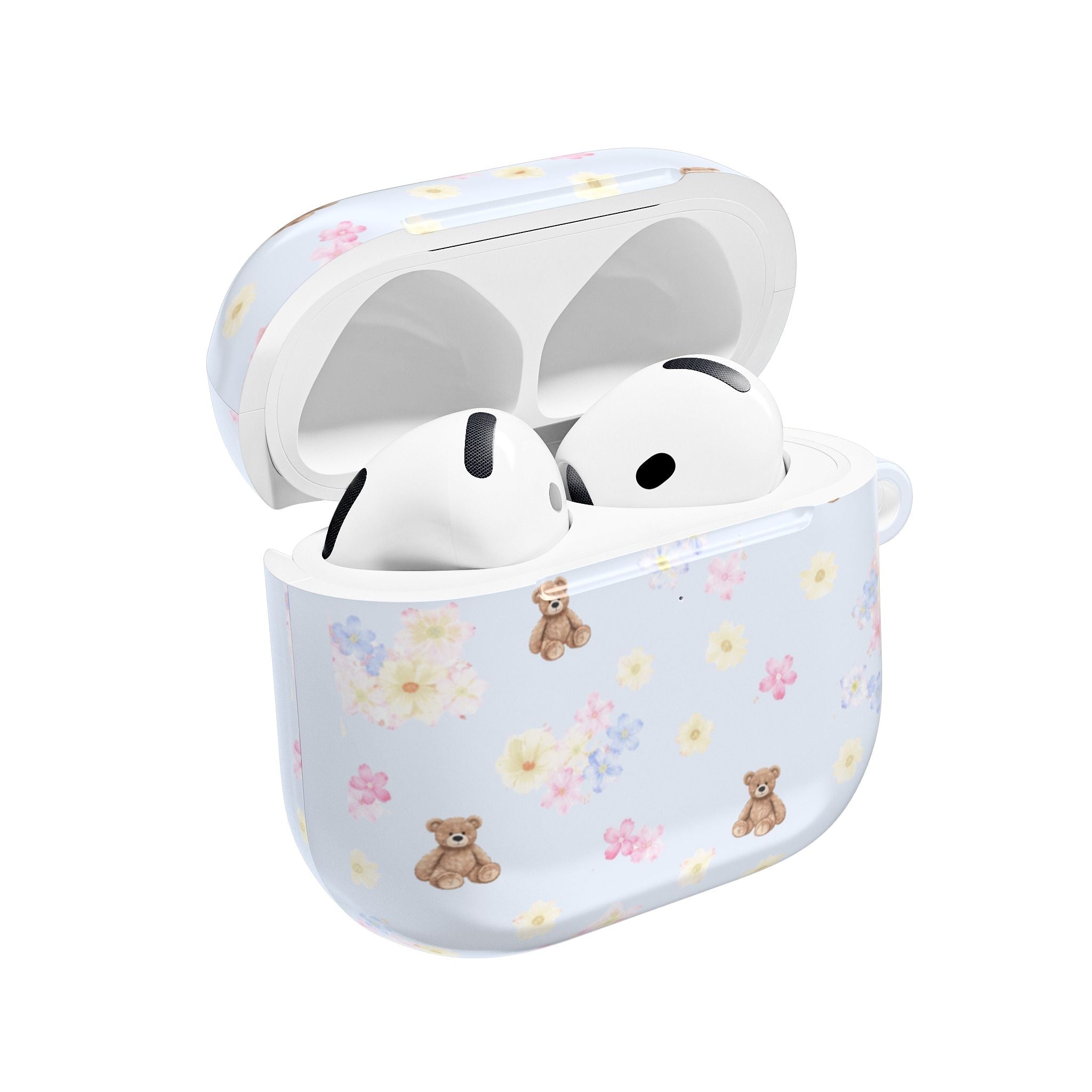 Light blue AirPod case with floral bear print, open for earbuds.