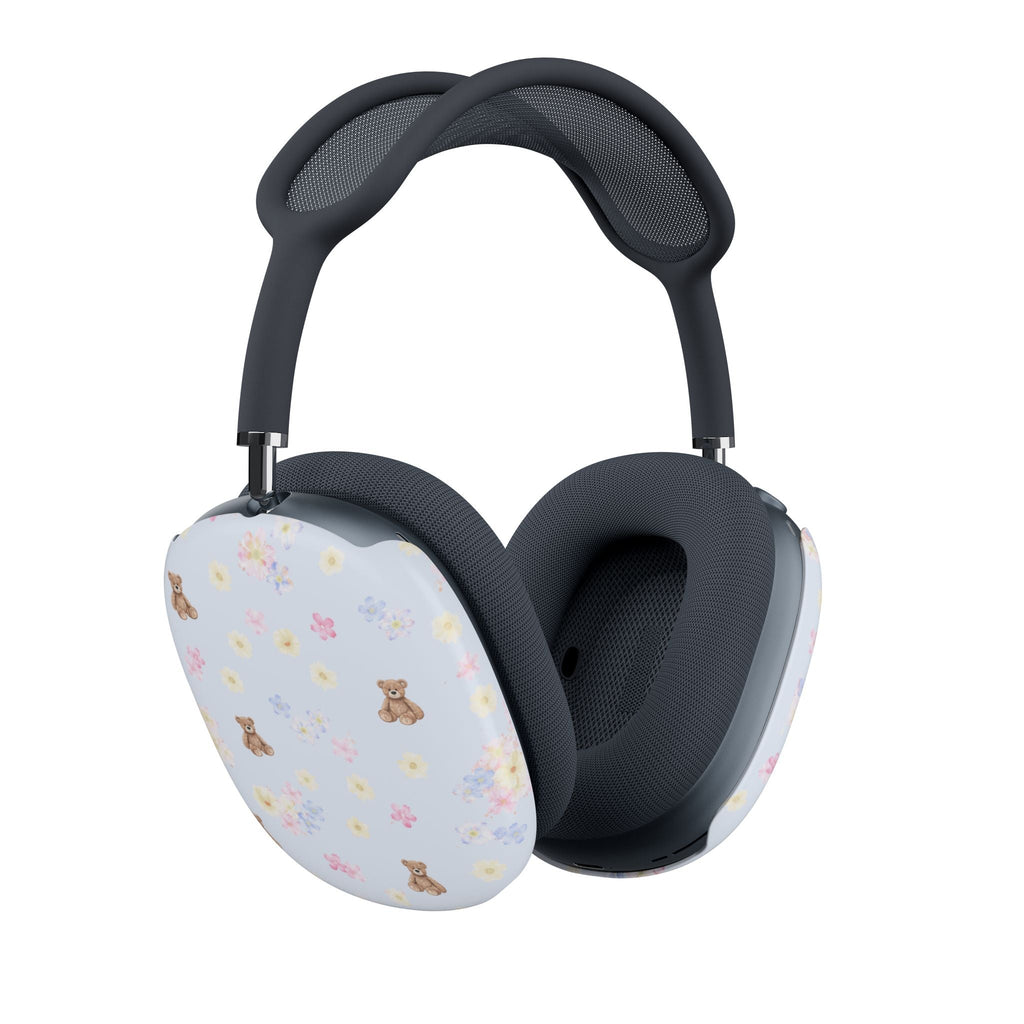 AirPods Max ear cup covers on headphones, light floral teddy bear print with navy mesh