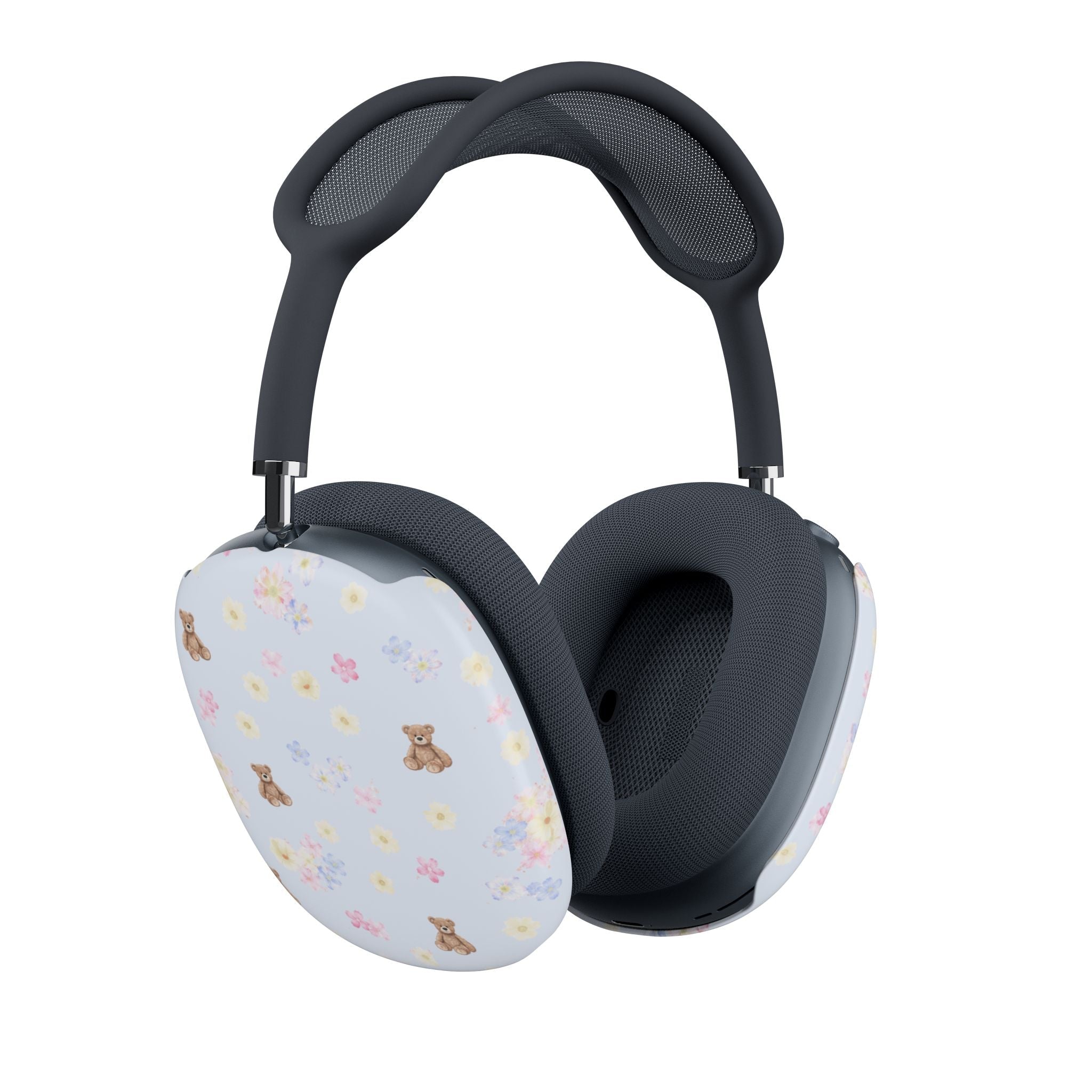 AirPods Max ear cup covers on headphones, light floral teddy bear print with navy mesh