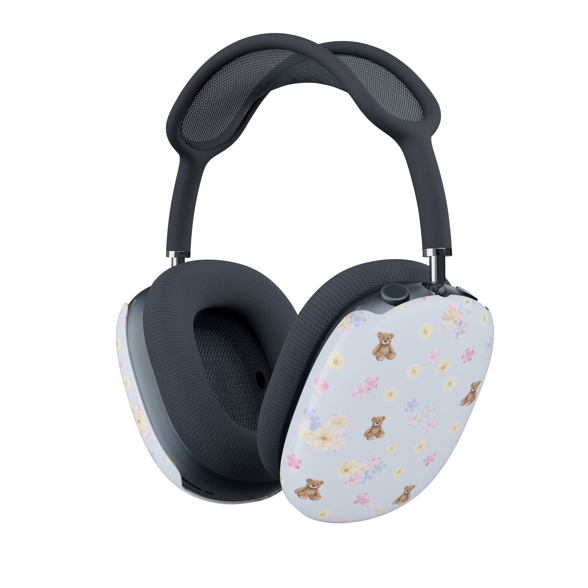 AirPods Max ear cup covers: navy trim, light floral teddy bear pattern