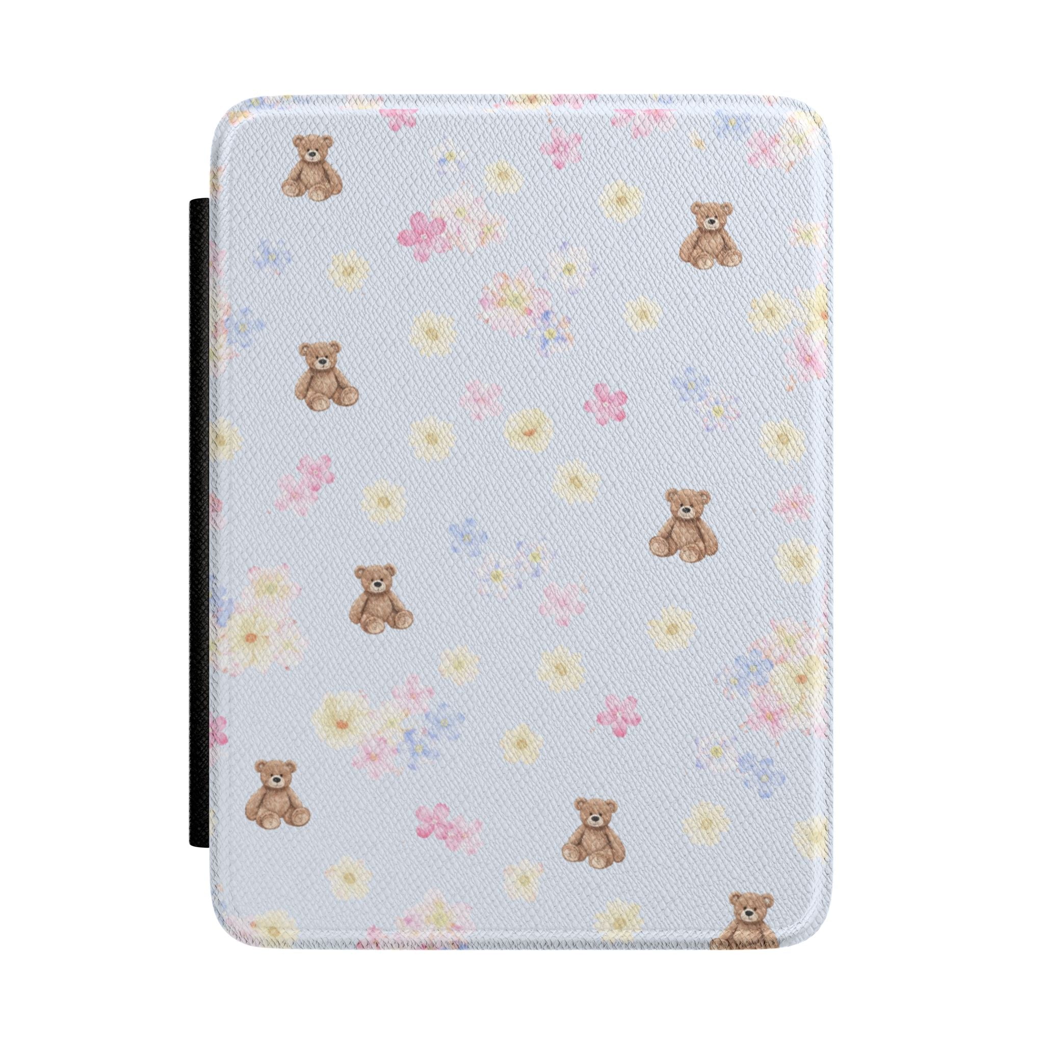 Light blue hard-shell Kindle case with teddy bear pattern and fabric-like cover