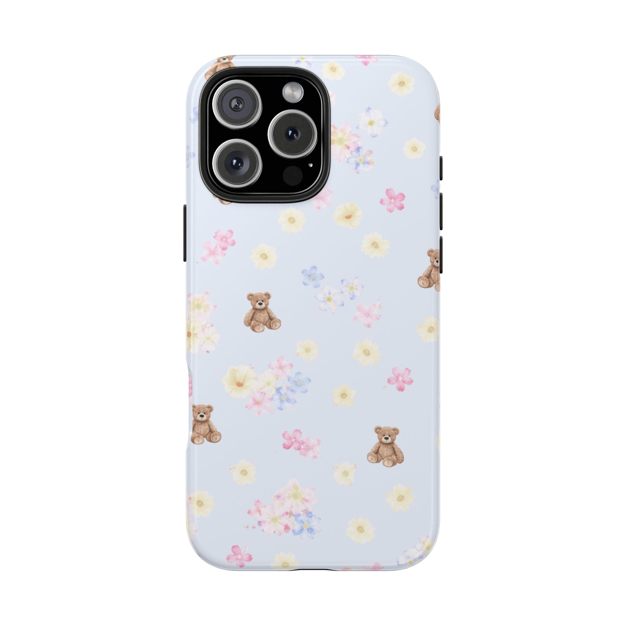 Light blue phone case with teddy bears and scattered flowers, camera cutout
