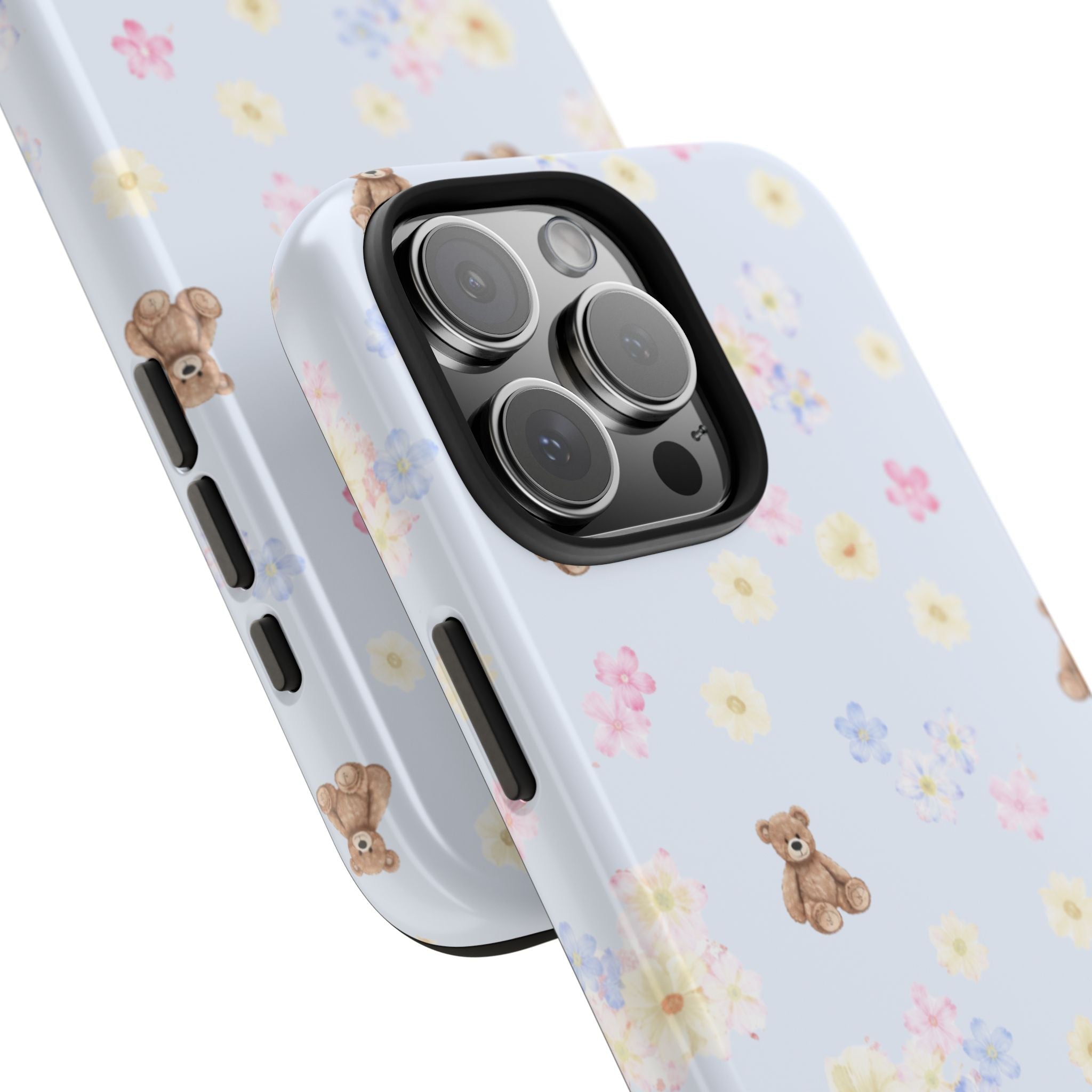 Light blue phone case with teddy bears and flowers, side buttons and camera cutout