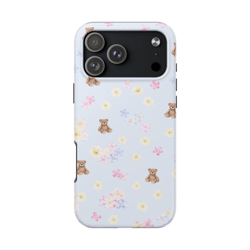 Light blue phone case with teddy bears and floral pattern, camera cutout