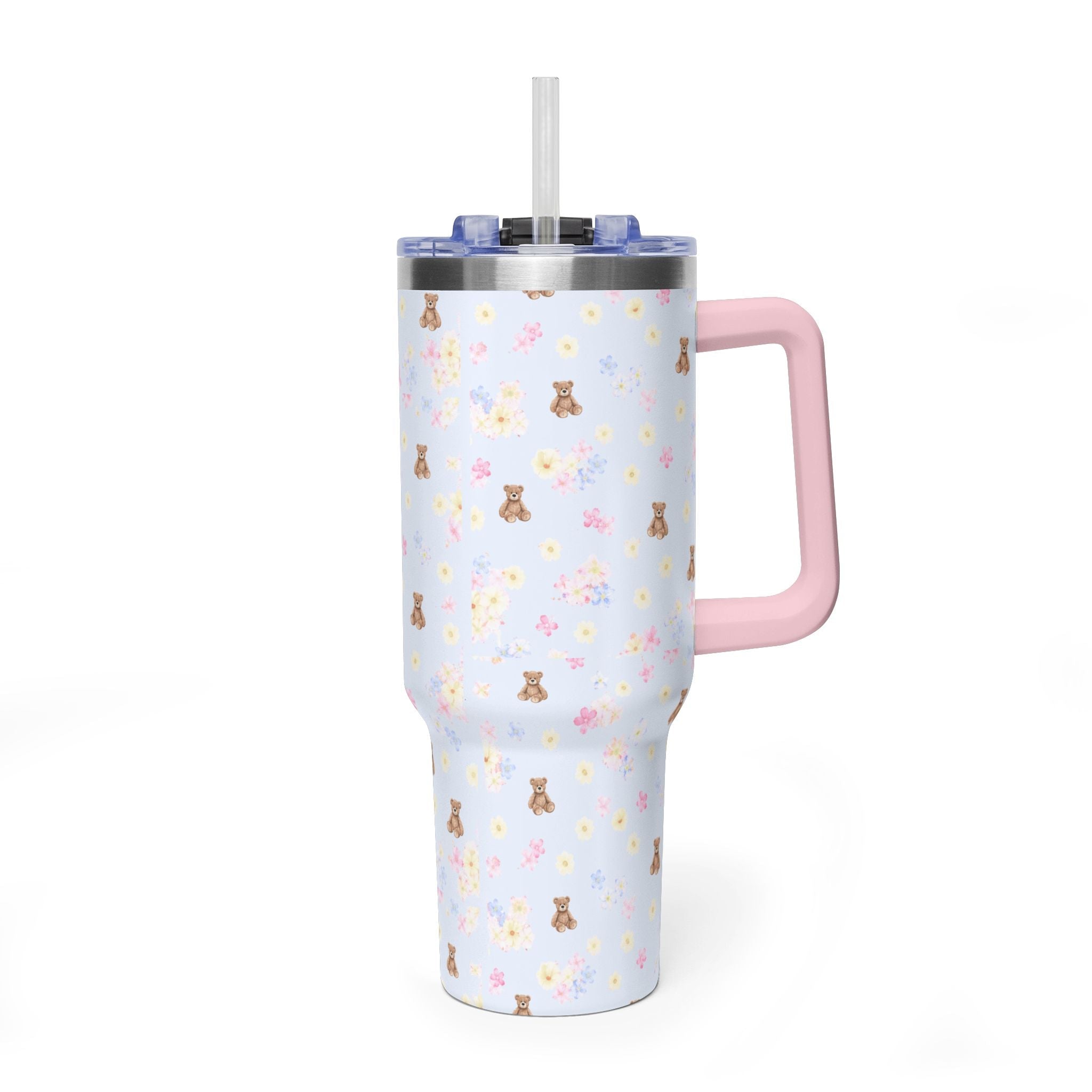 40oz tumbler with blue floral bear print, clear lid and straw, pink side handle