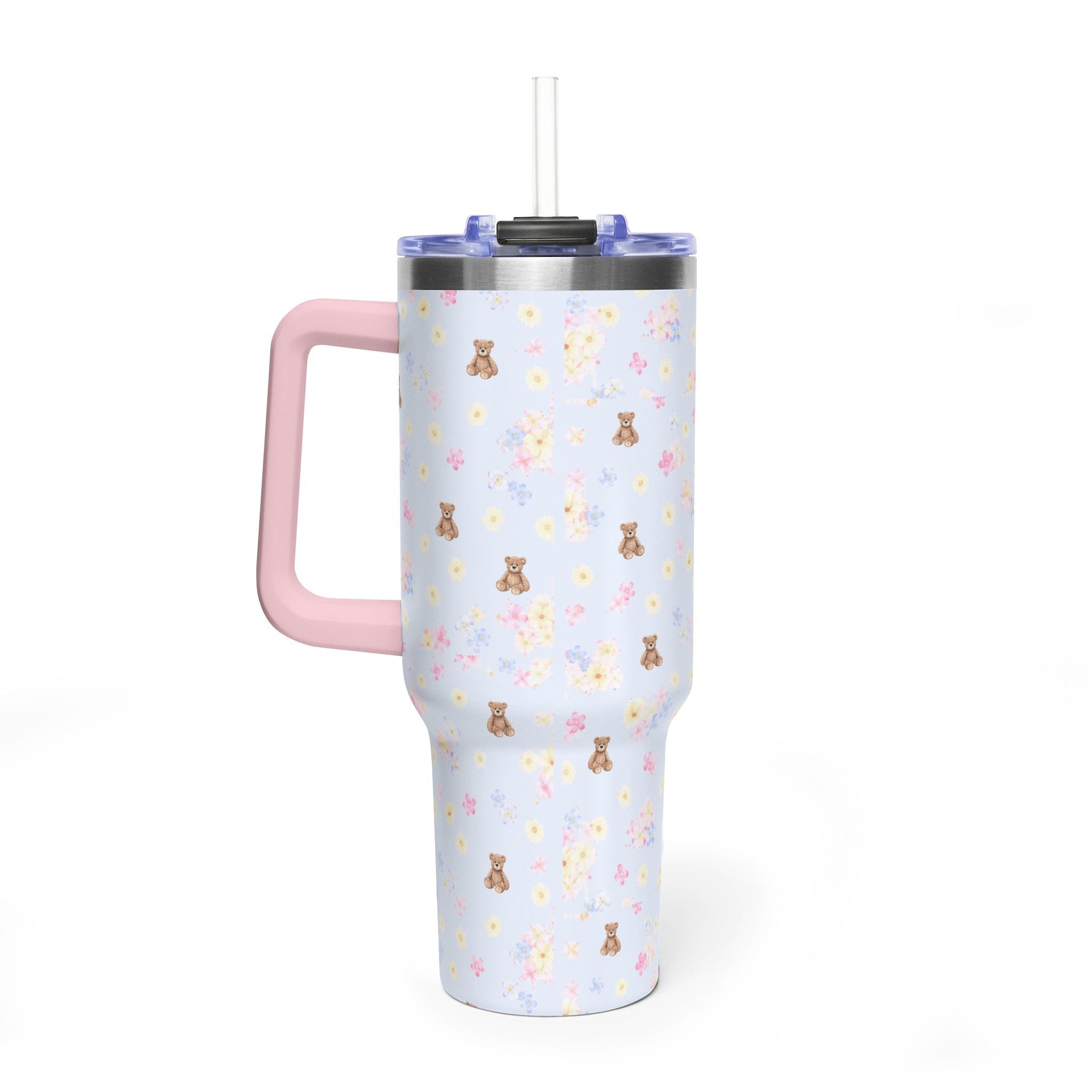 40oz tumbler with blue floral bear print, clear lid and straw, pink carrying handle