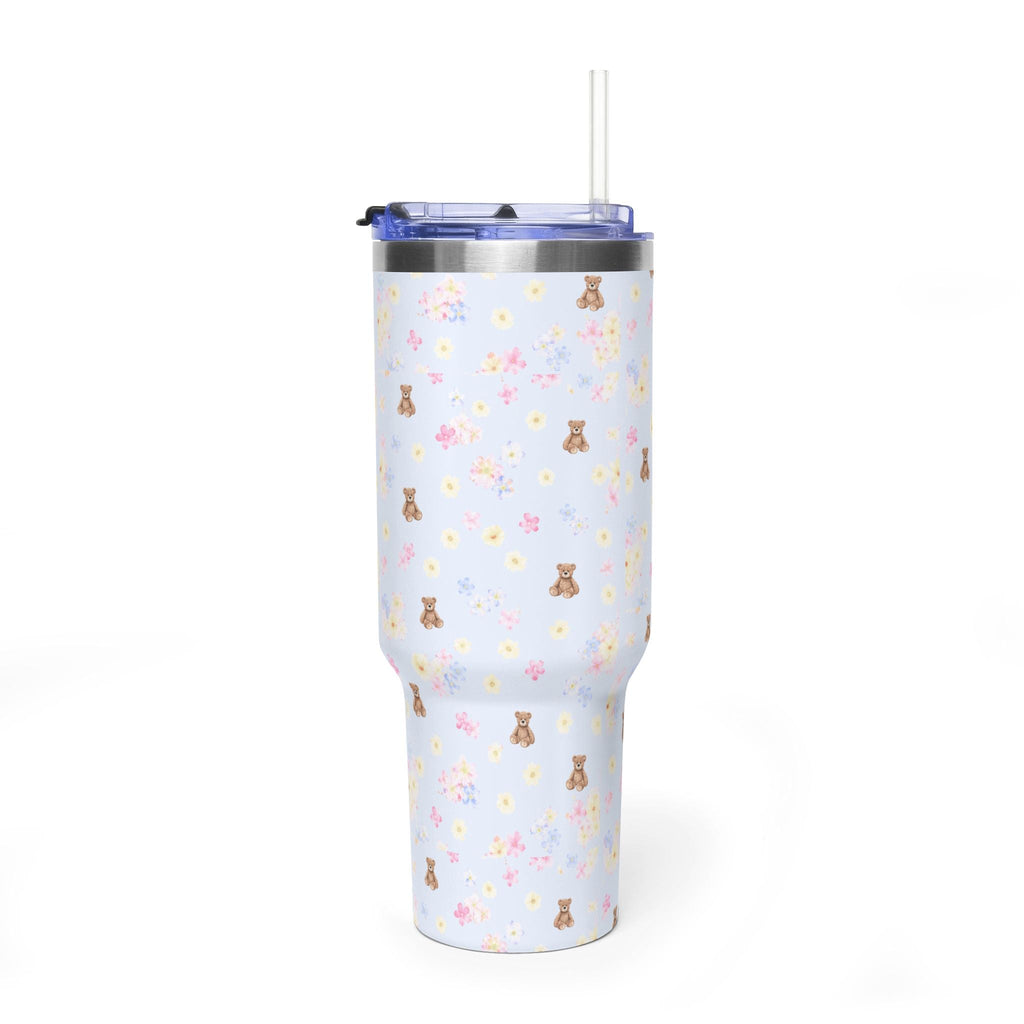 40oz tumbler with blue floral bear print, clear lid and straw, no side handle