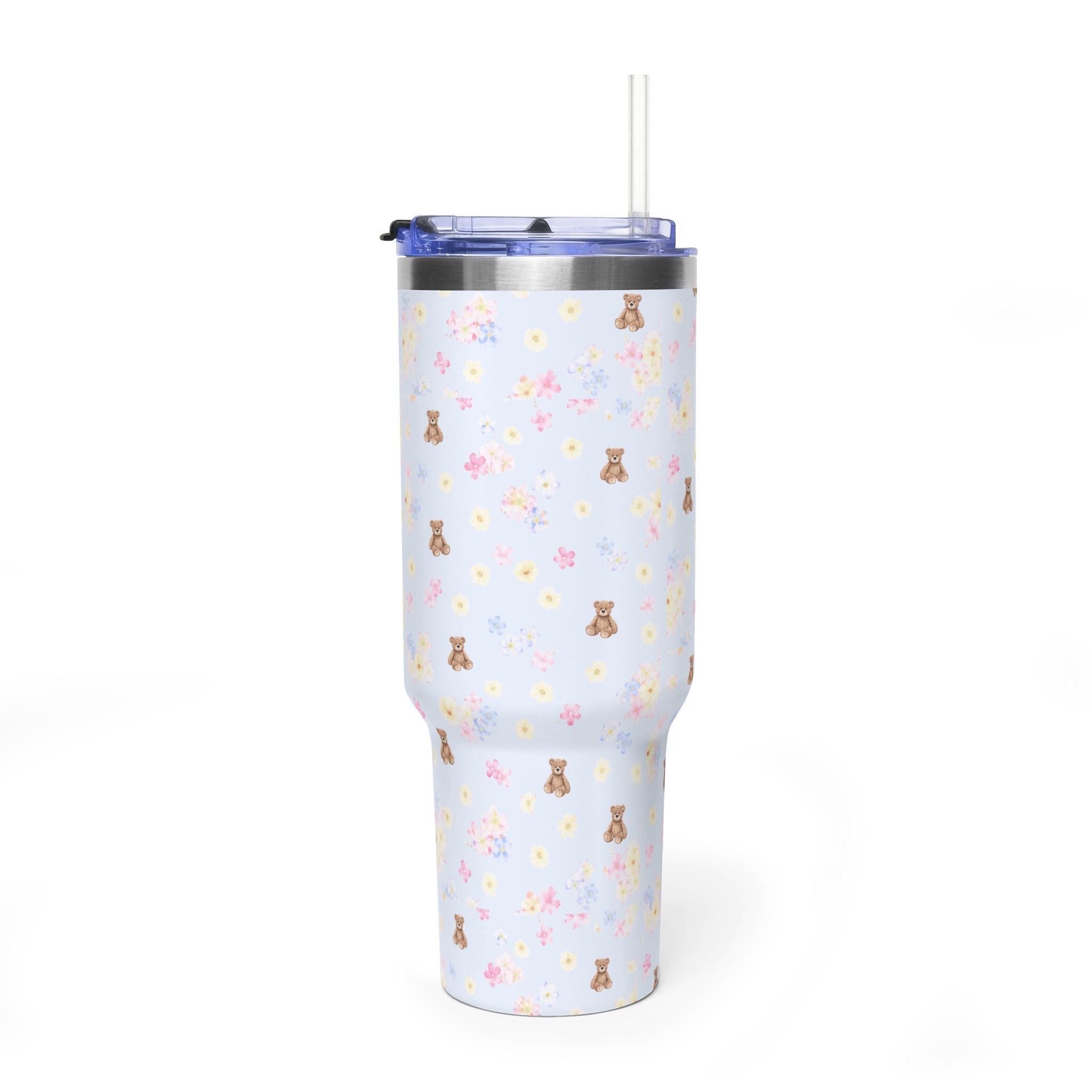 40oz tumbler with blue floral bear print, clear lid and straw, no side handle