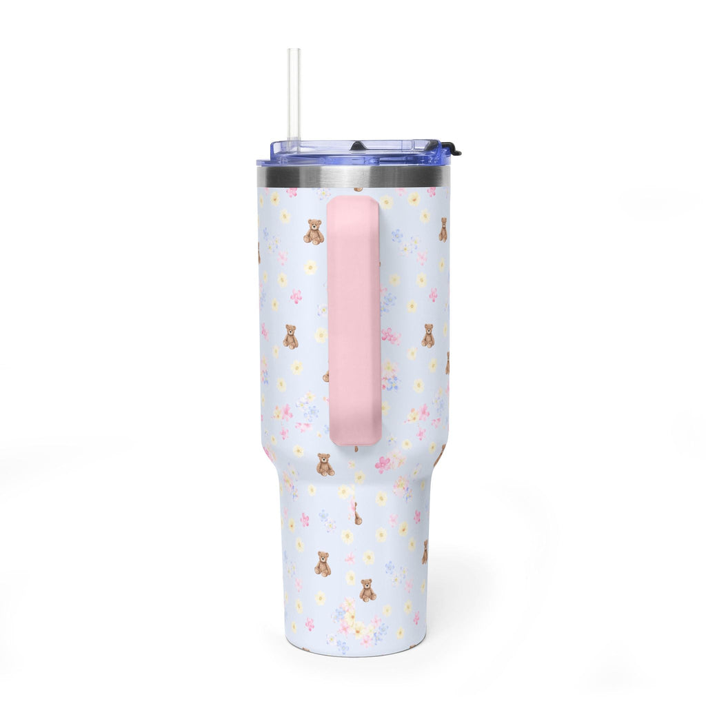 40oz tumbler with blue floral bear print, clear lid and straw, pink handle panel