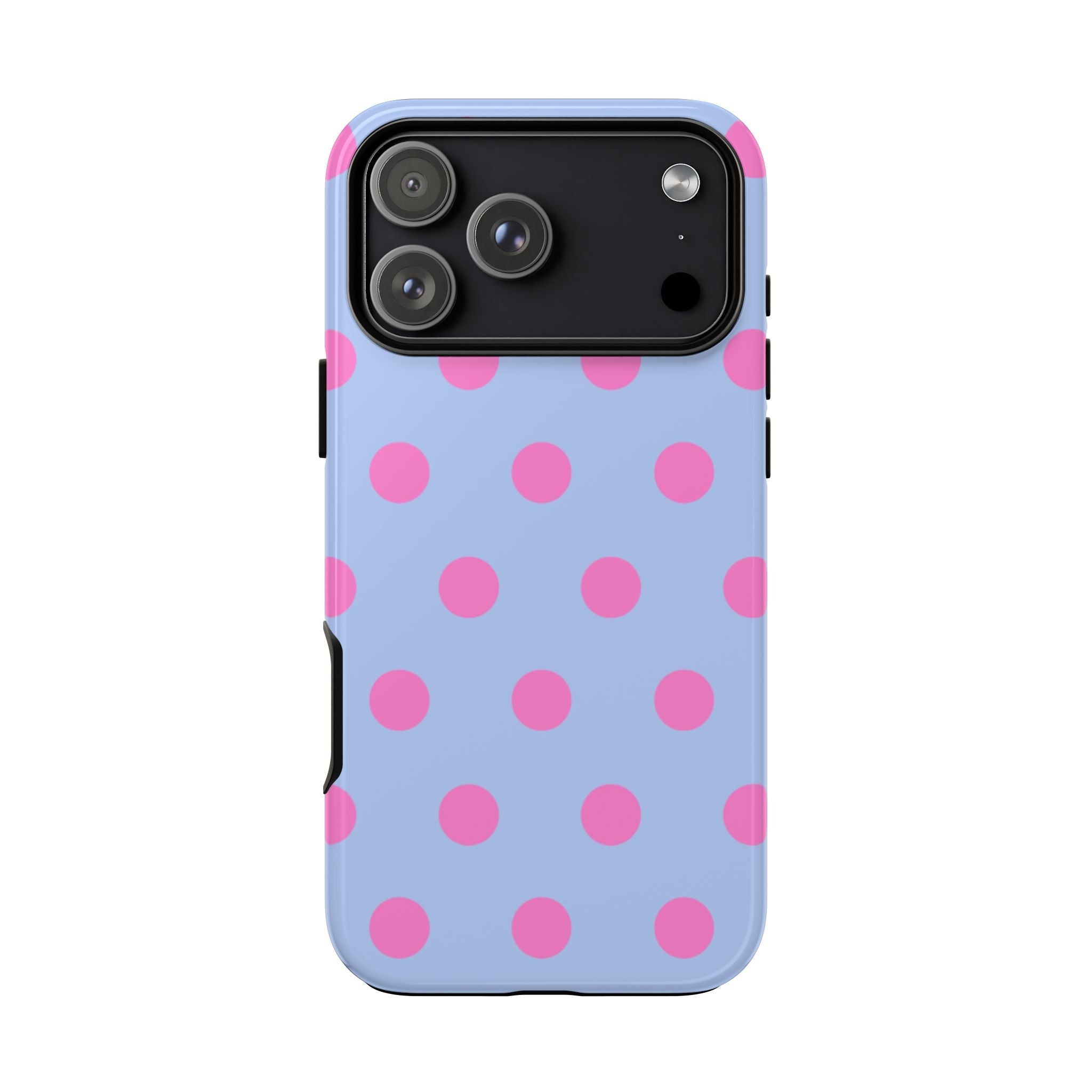 Light blue phone case with pink polka dots; raised camera cutout and side buttons visible