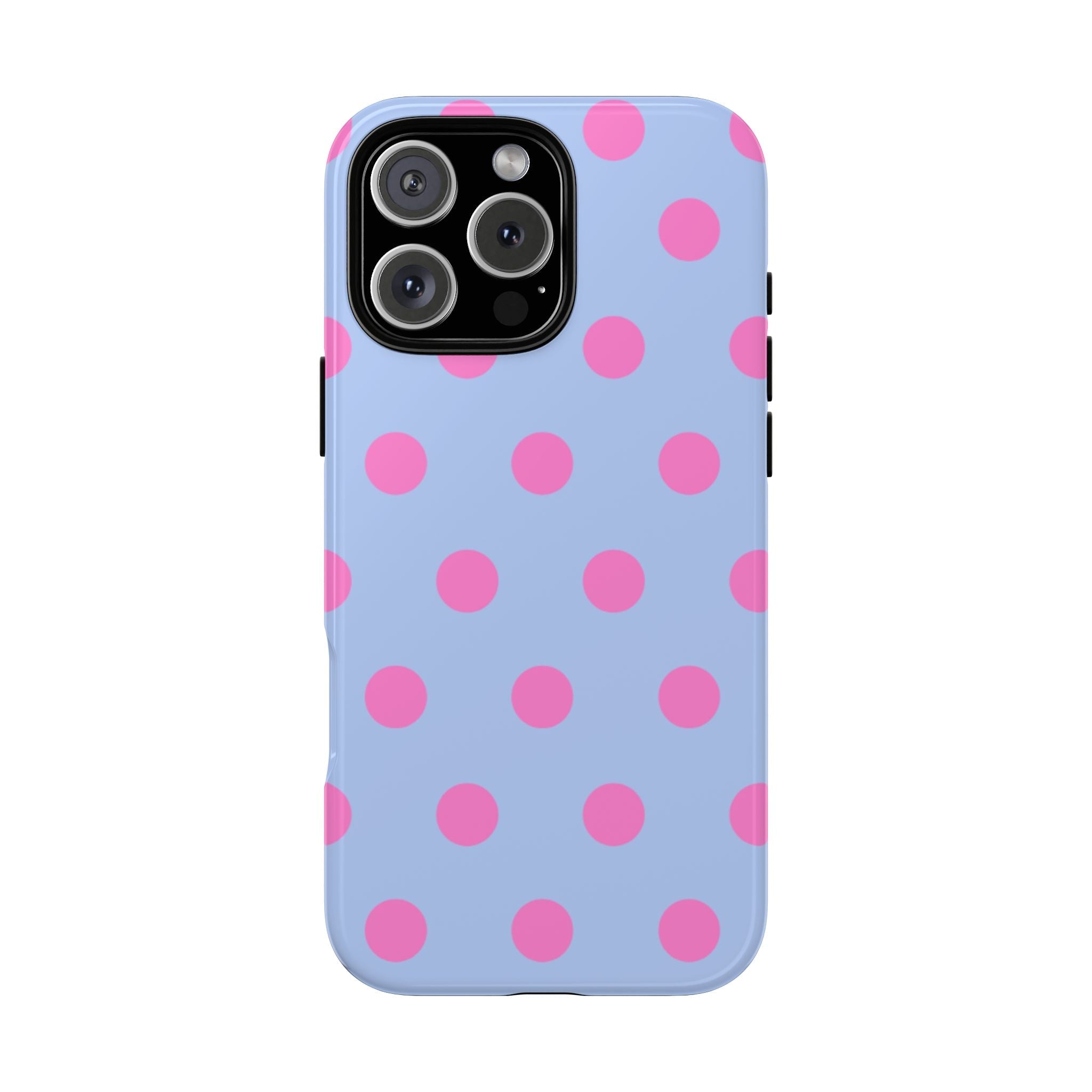 Light blue polka dot phone case with pink dots; glossy camera frame and cutout