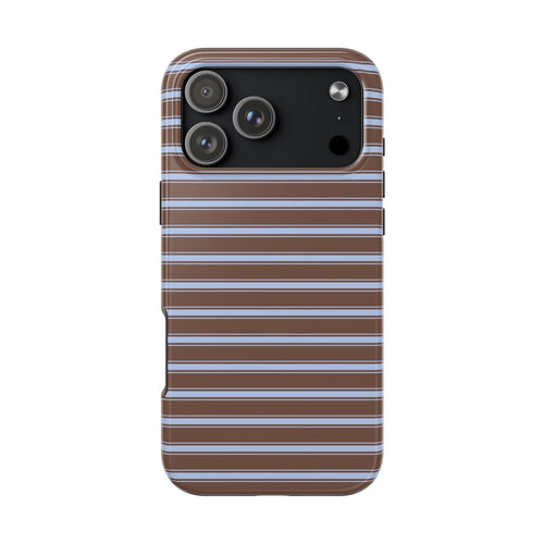 Striped phone case with brown background, blue and white horizontal lines, camera cutouts