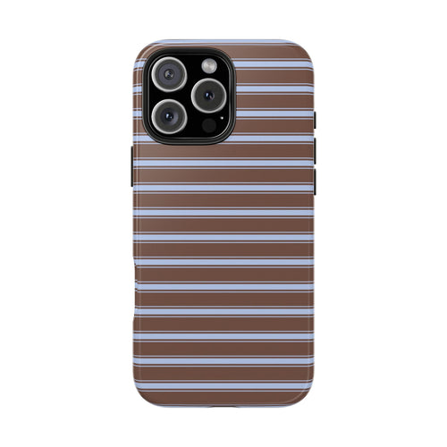 Brown striped phone case with blue and white bands, camera cutouts, top-right accessory circle
