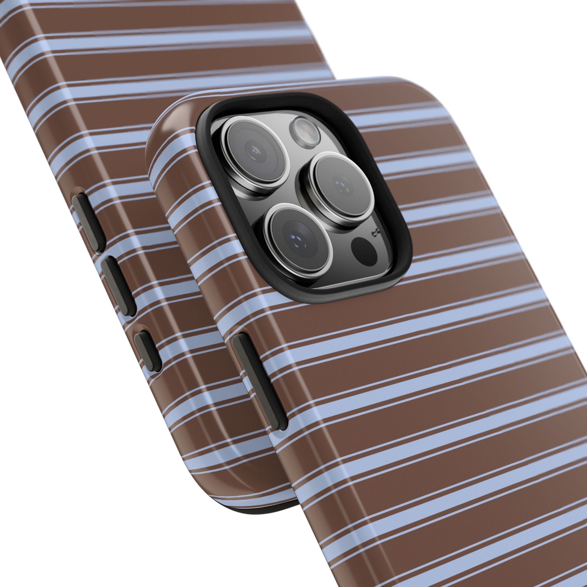 Angled view of brown blue-and-white striped phone case with raised camera lenses and side buttons