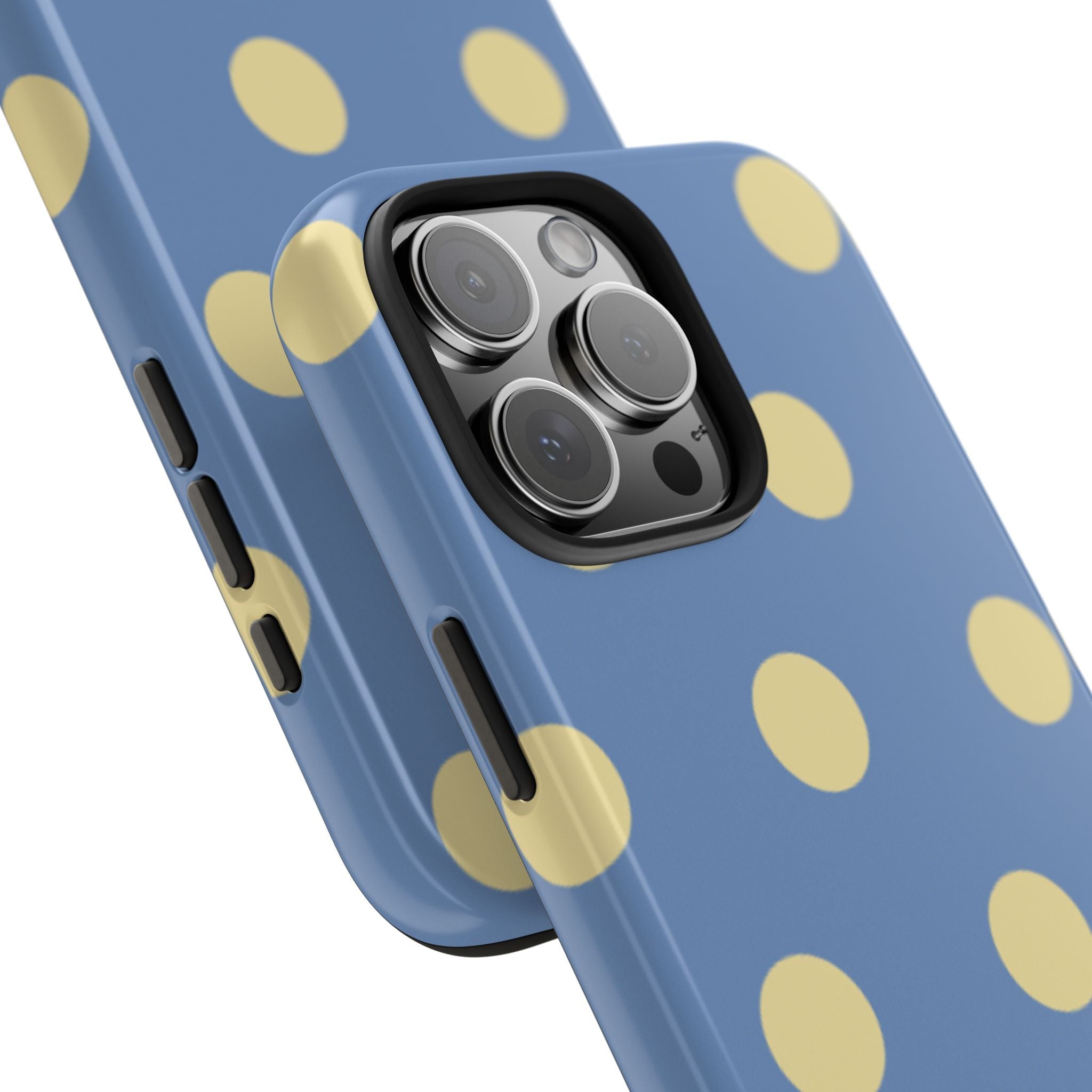 Light blue polka dot phone case shown at angle; camera lenses and side buttons