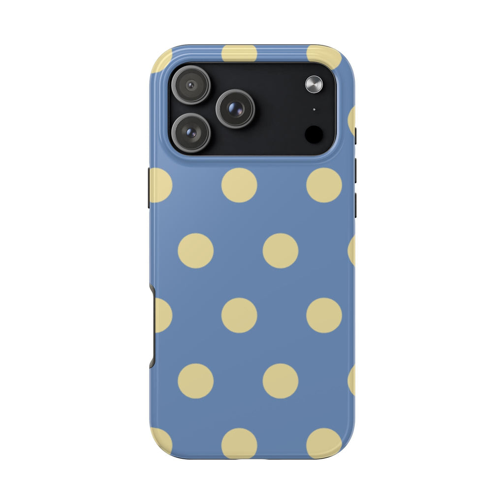 Light blue polka dot phone case with yellow dots; camera cutouts