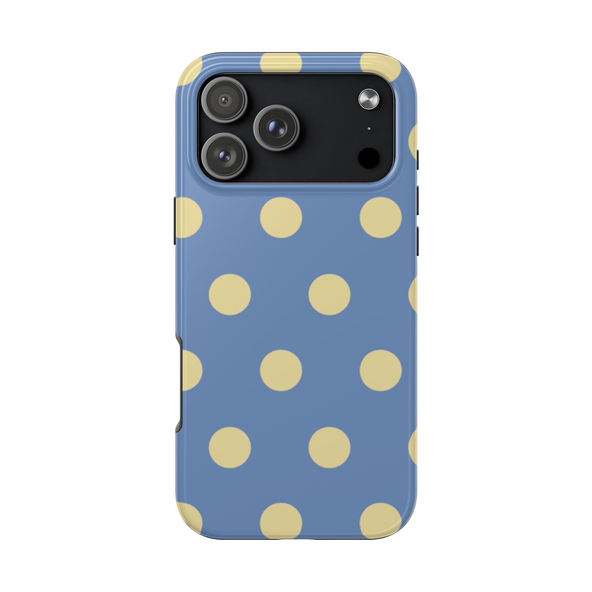 Light blue polka dot phone case with yellow dots; camera cutouts