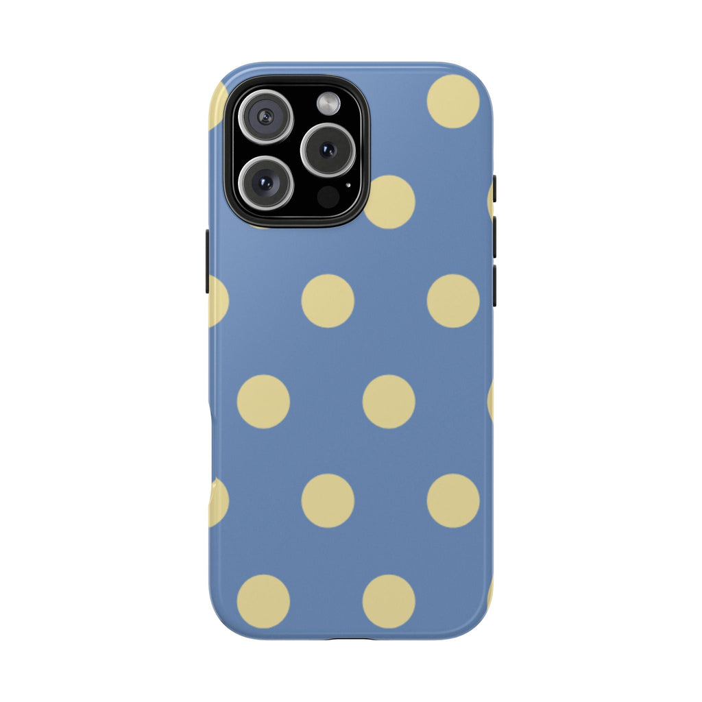 Light blue polka dot phone case, centered pattern with camera lens openings