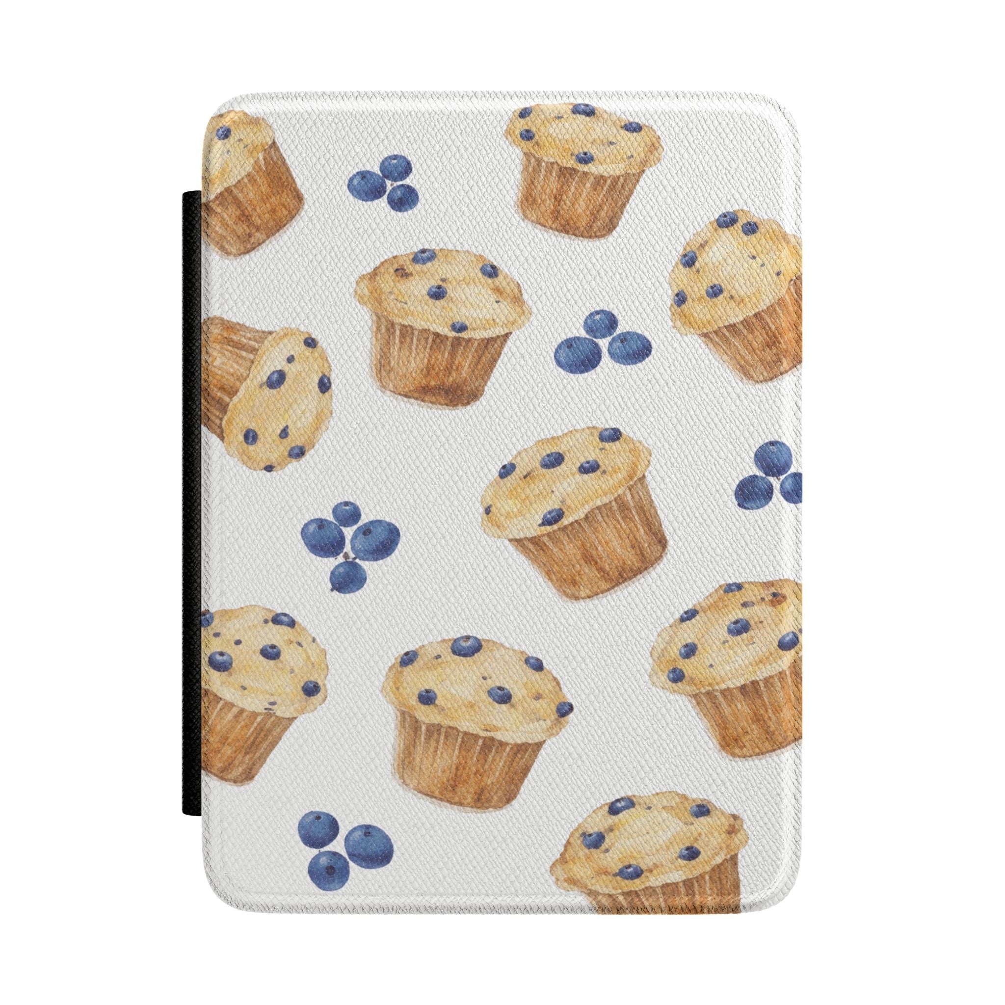 Hardcover Kindle case with blueberry muffin pattern and blue flowers on light background