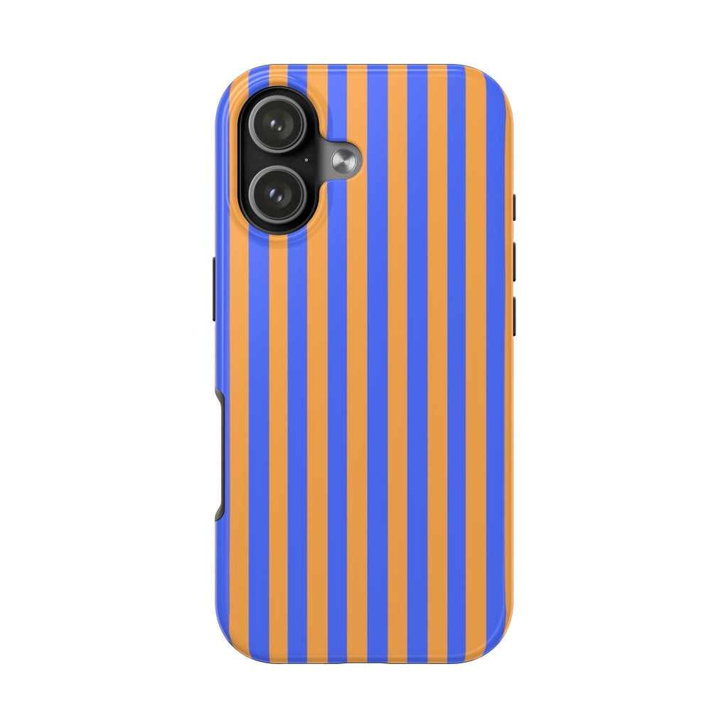 Blue and orange striped phone case, back view with dual camera cutouts and flash